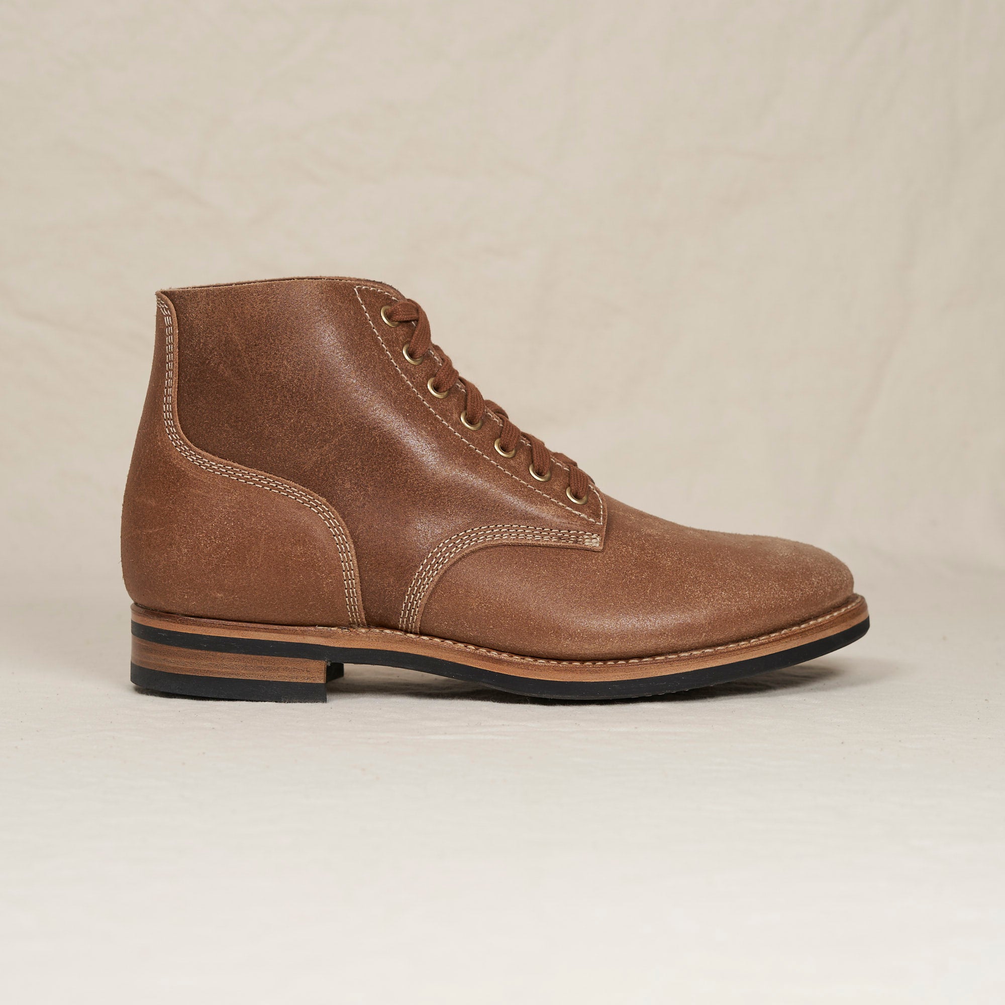 August Special Belliver laced field boot based on the boondocker in sueded and waxed horsehide- side view