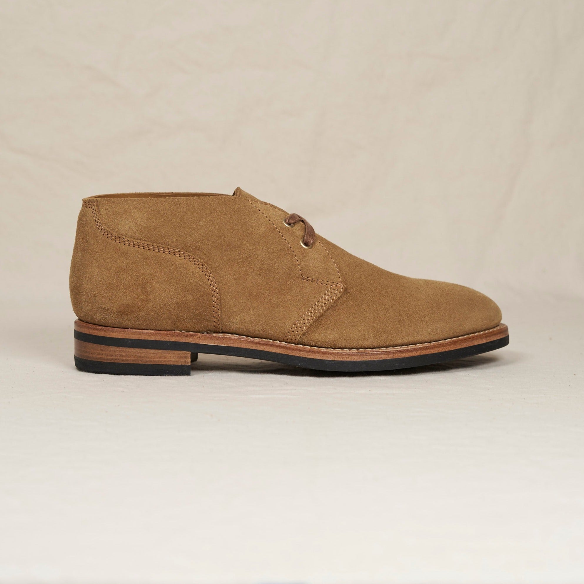 August Special aviator style Chukka boot with Goodyear welting and a Vibram outsole in full grain suede - side view