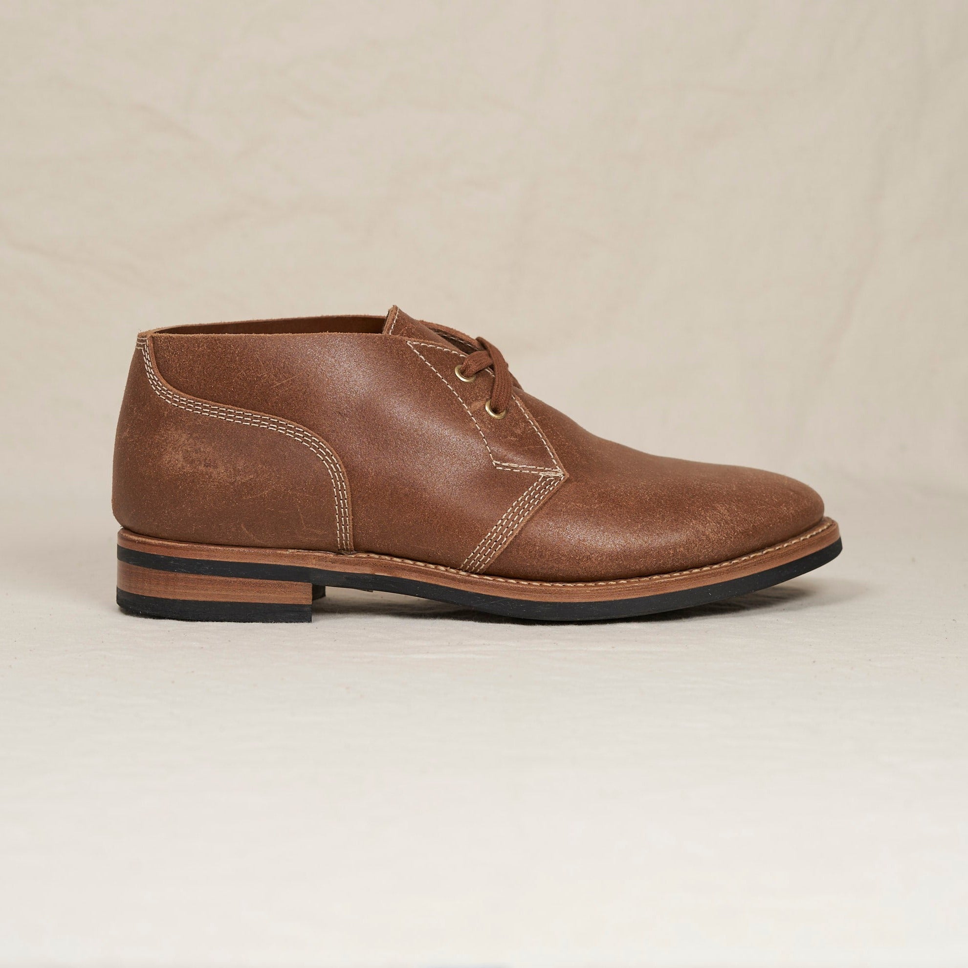 August Special aviator style Chukka boot with Goodyear welting and a Vibram outsole in roughout horsehide - side view