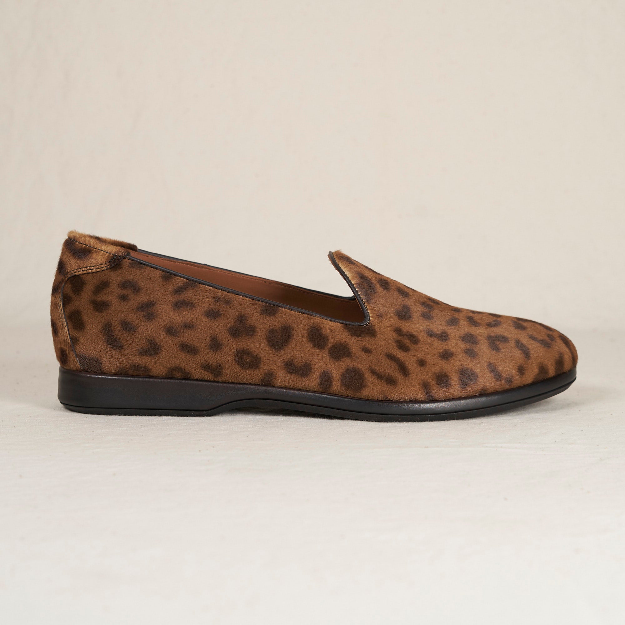 Augie Type-P Leopard Haircalf loafer – lateral view, brown haircalf with leopard print and black sole.