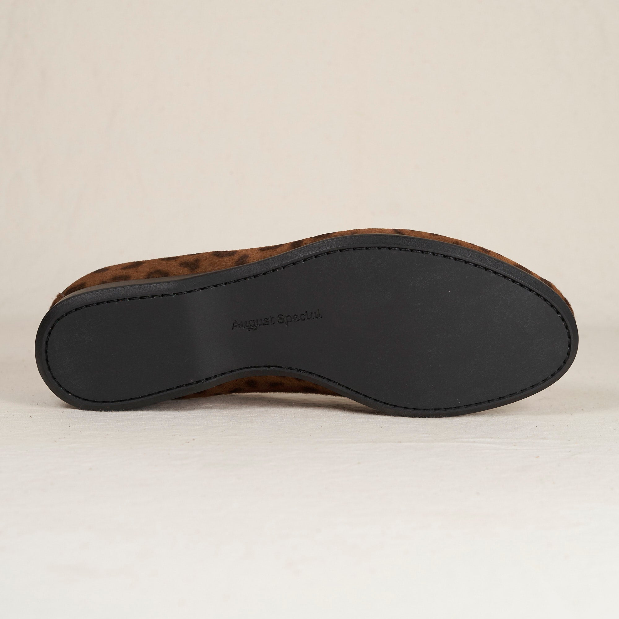 Augie Type-P Leopard Haircalf loafer – outsole view, black leather sole with August Special® branding.