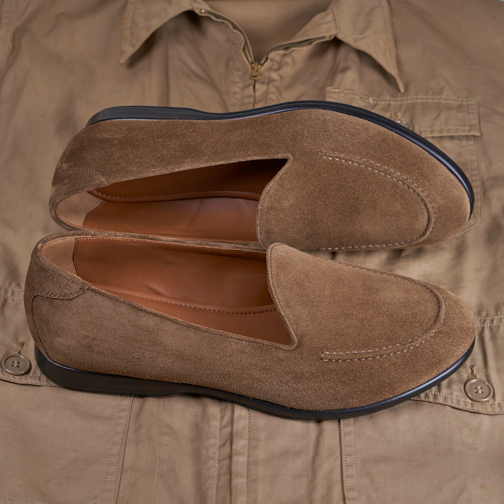 Lifestyle view of August Special Augie Type-S men's tobacco suede loafer — classic American style.