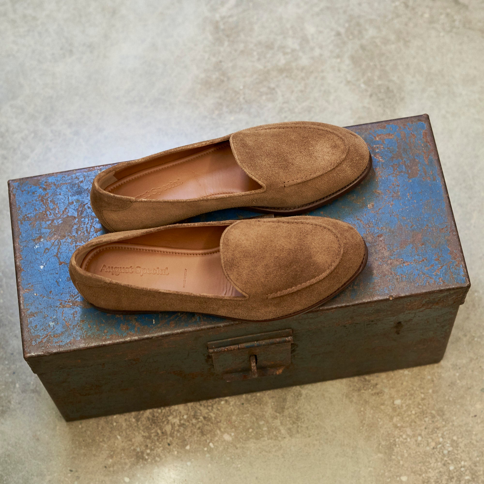 Lifestyle view of August Special Augie Type-GS men's cubano suede Goodyear slip-on — classic American style.