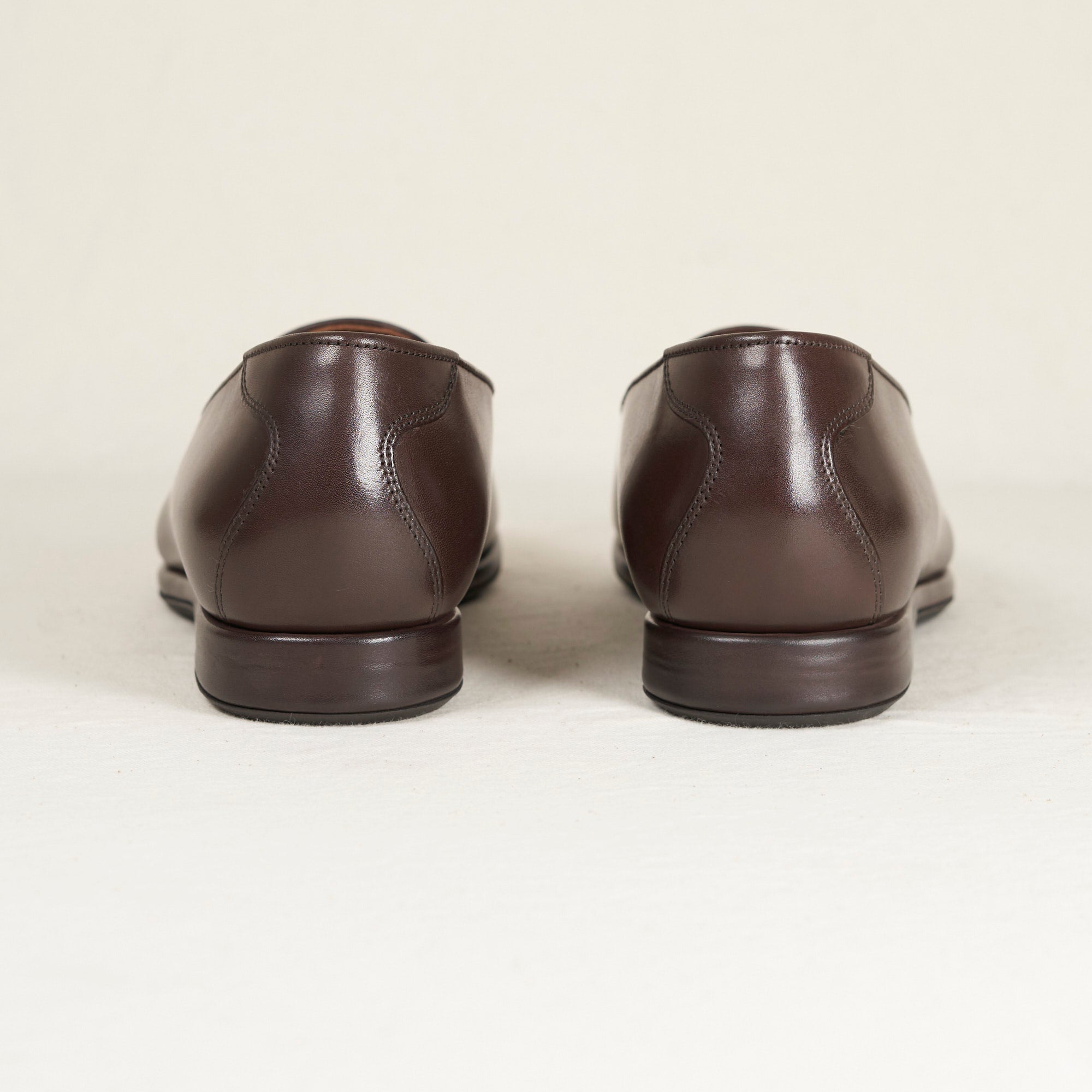 Back heel view of August Special Augie Type-S men's espresso veg-tan calf Blake loafer — cushioned insole, Harry Last fit.