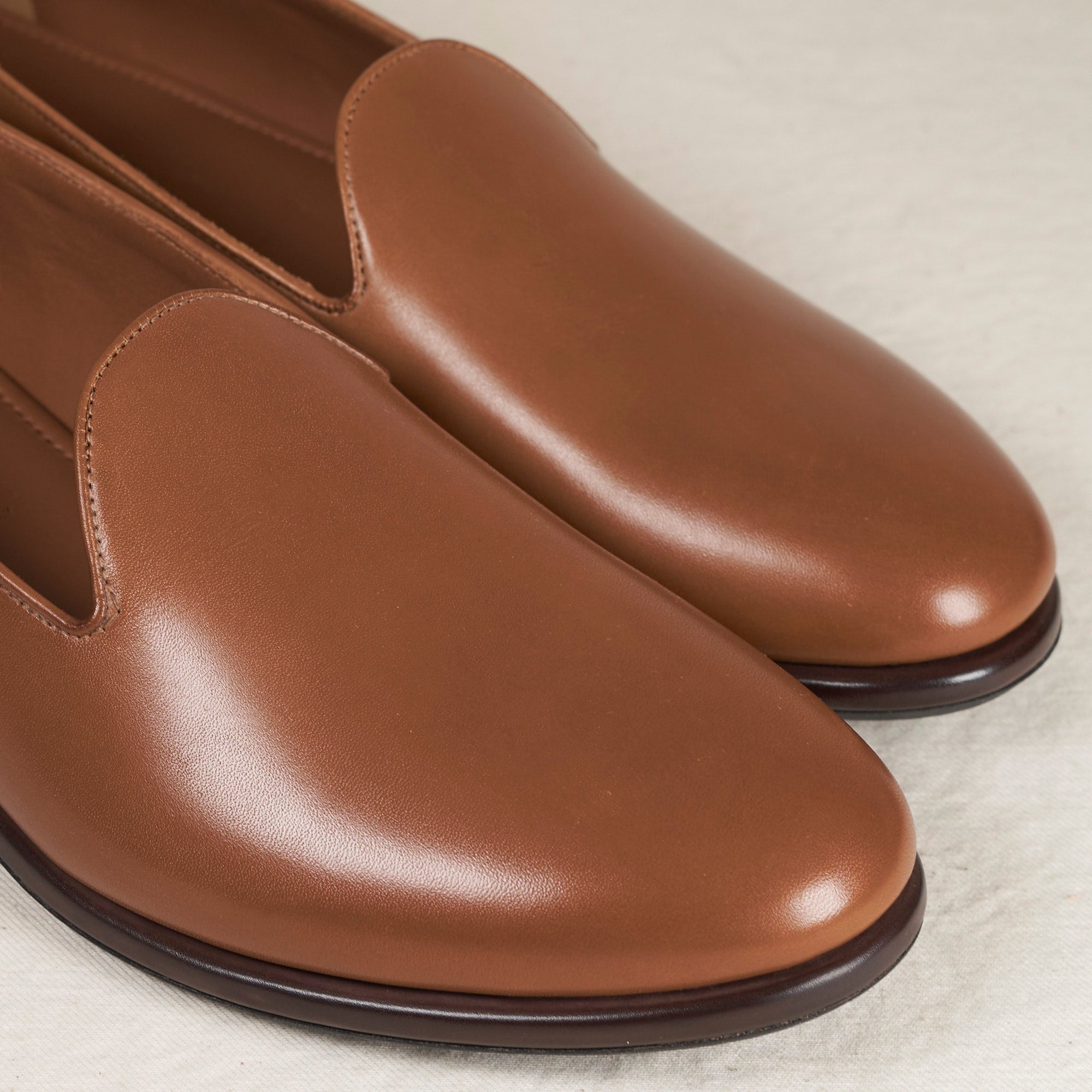 Pair of August Special Augie Type-P cigar veg-tan calf Blake loafers — classic American style, luxurious comfort.