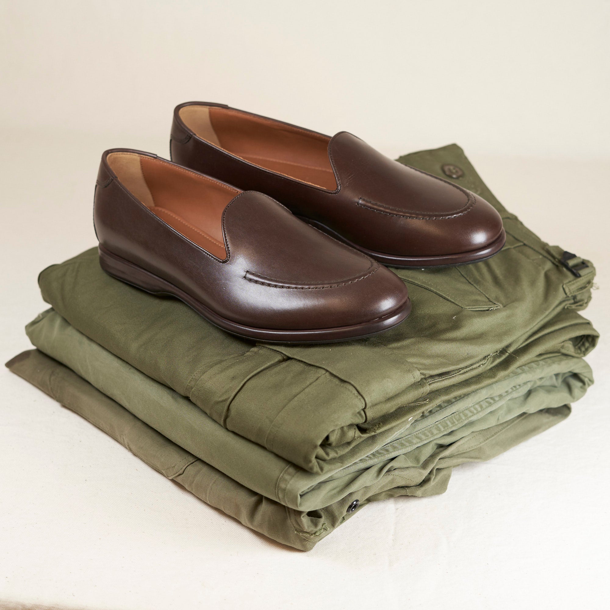 Lifestyle view of August Special Augie Type-S men's espresso Maryam calf Blake loafer — classic American style, Harry Last.