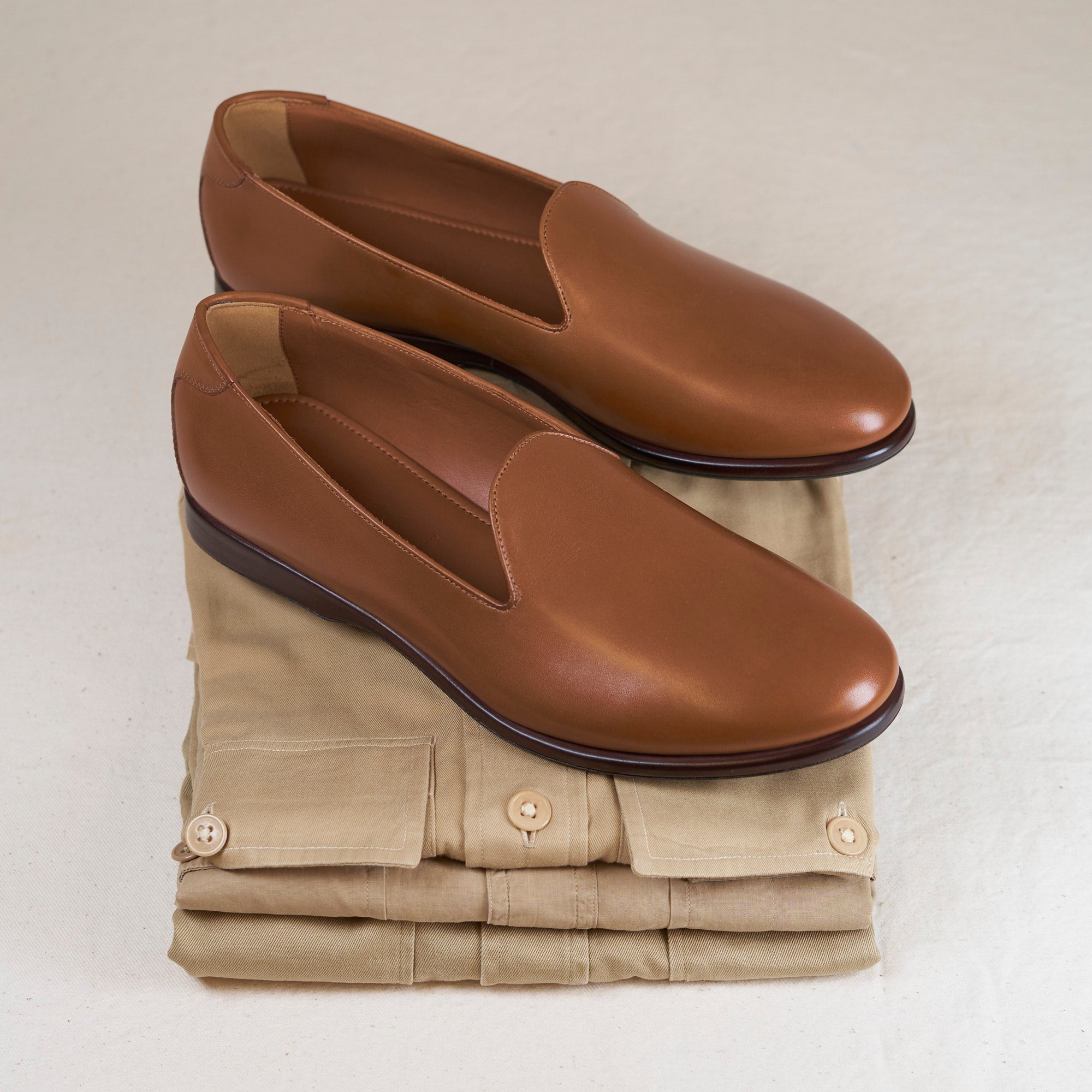 Pair of August Special Augie Type-P cigar veg-tan calf Blake loafers — classic American style, luxurious comfort.