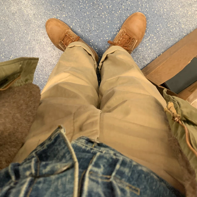 August Special - shoe selfie of man in vintage chinos, denim and sueded and waxed Belliver horsehide boondocker boots