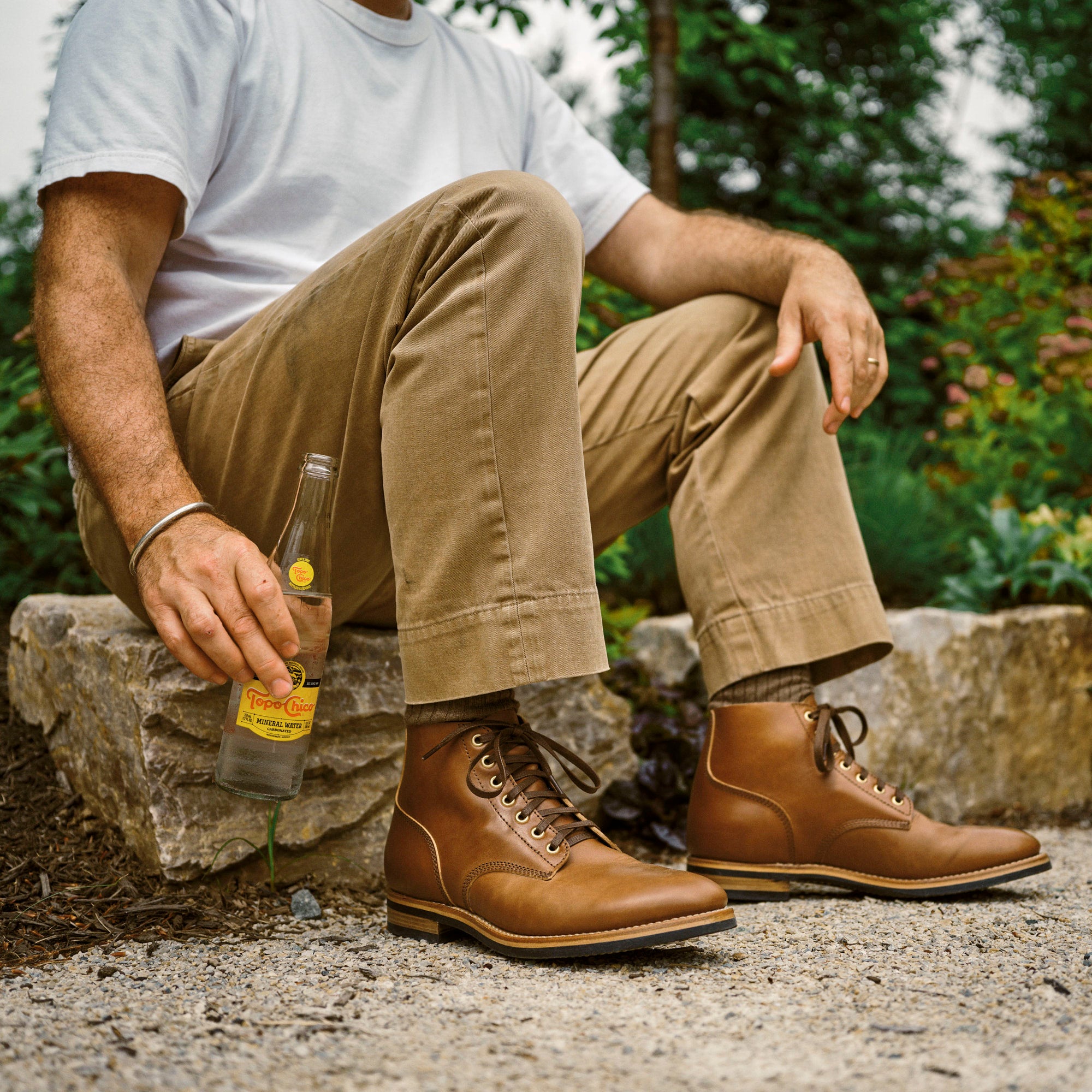 August Special - seated man vintage chinos with Belliver horsehide boondocker boots