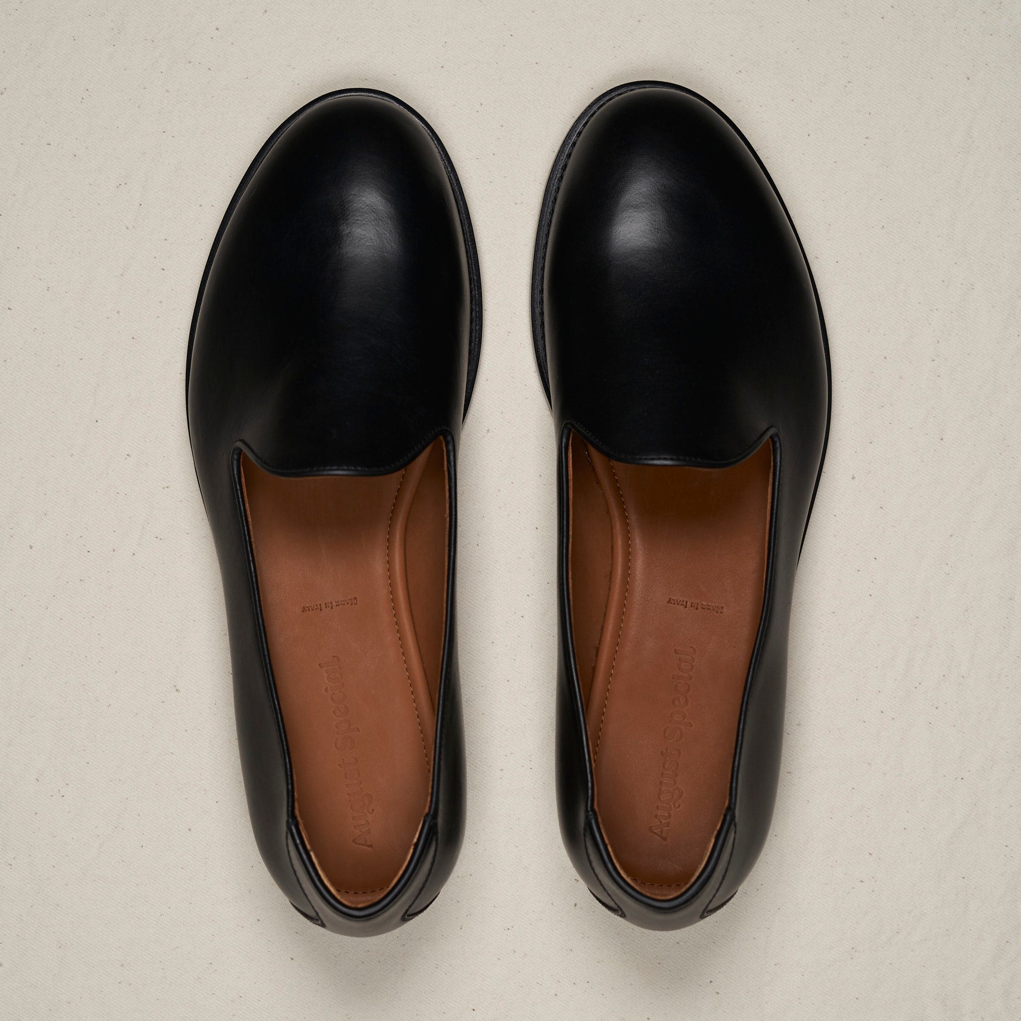 Top-down view of the August Special Augie Type-GP black calf Goodyear loafer showing the roomy, cushioned toe box of the Harry Last.