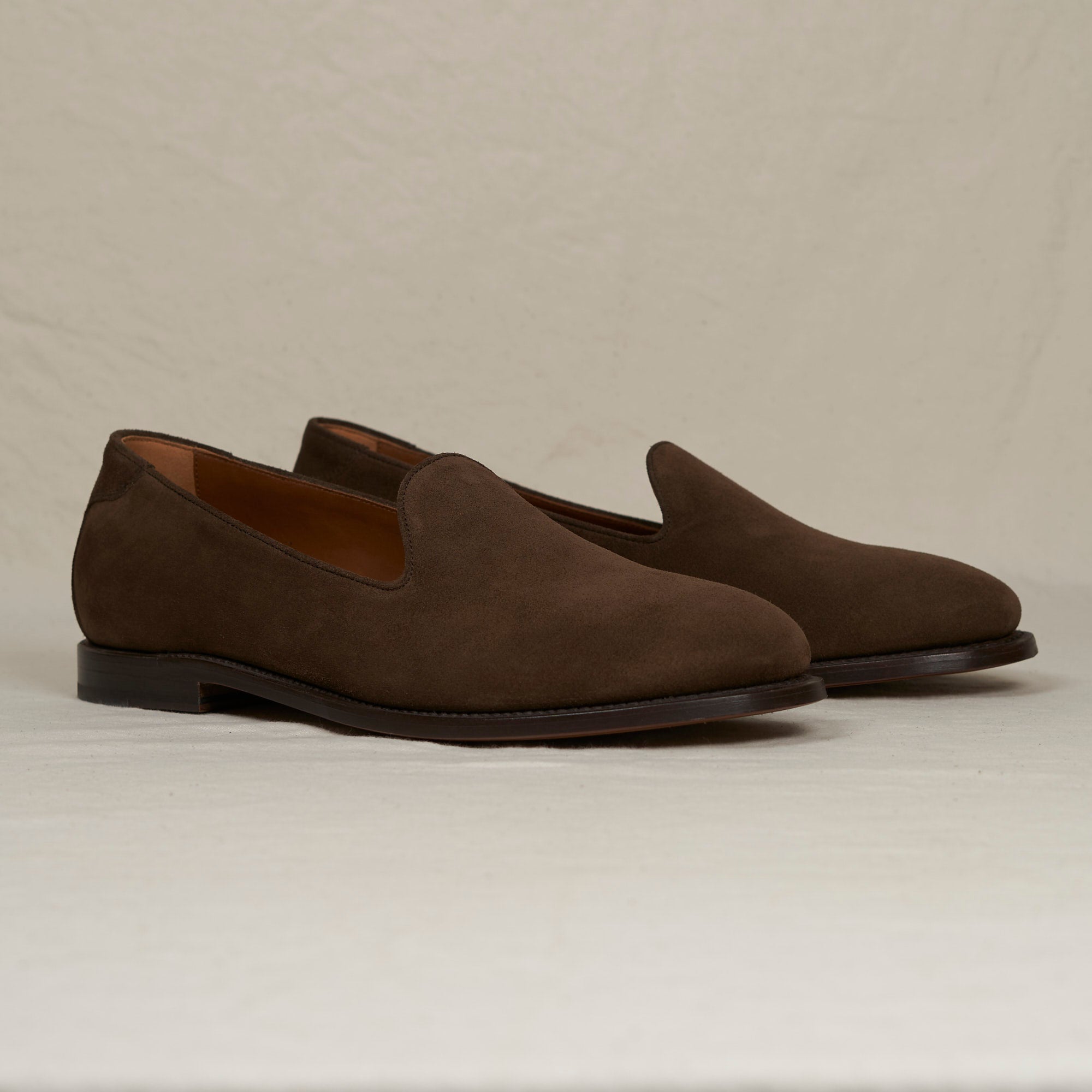 Angled view of August Special Augie Type-GP brown veg-tan calf suede Goodyear loafer — hand-sewn welt, cushioned Harry Last.