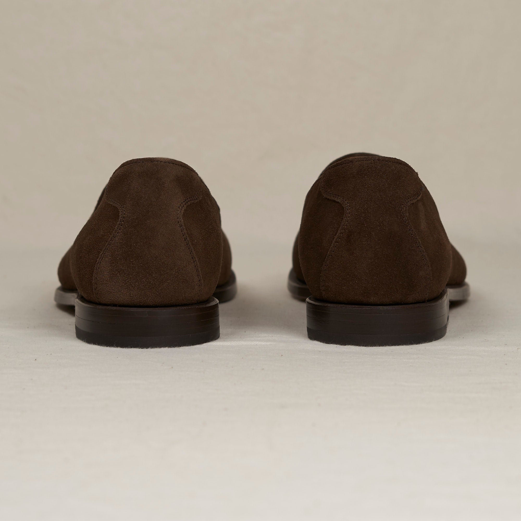 Back heel view of August Special Augie Type-GP men's brown calf suede Goodyear loafer — padded insole, Harry Last fit.