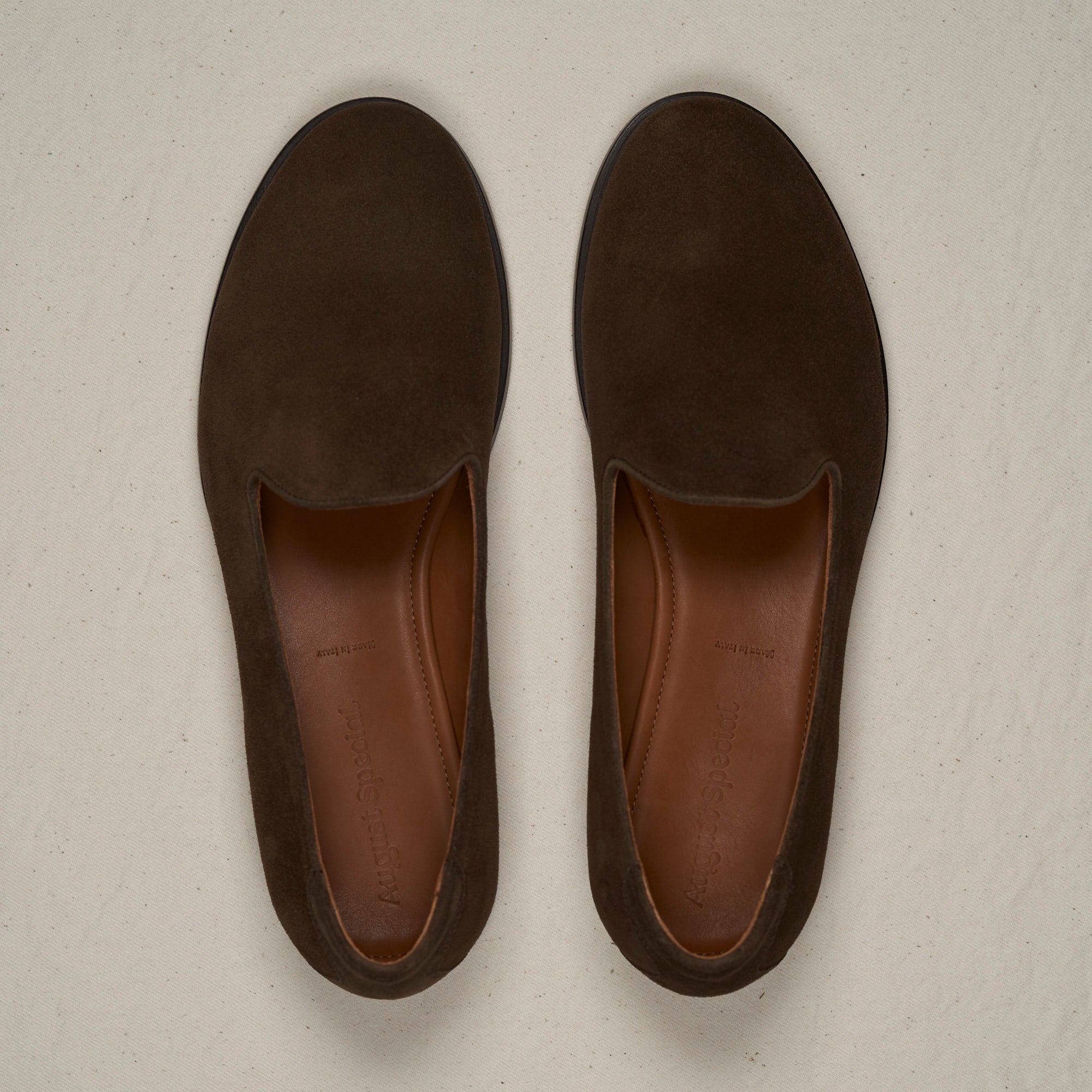 Top-down view of August Special Augie Type-GP brown calf suede Goodyear loafer — roomy toe box of the Harry Last.