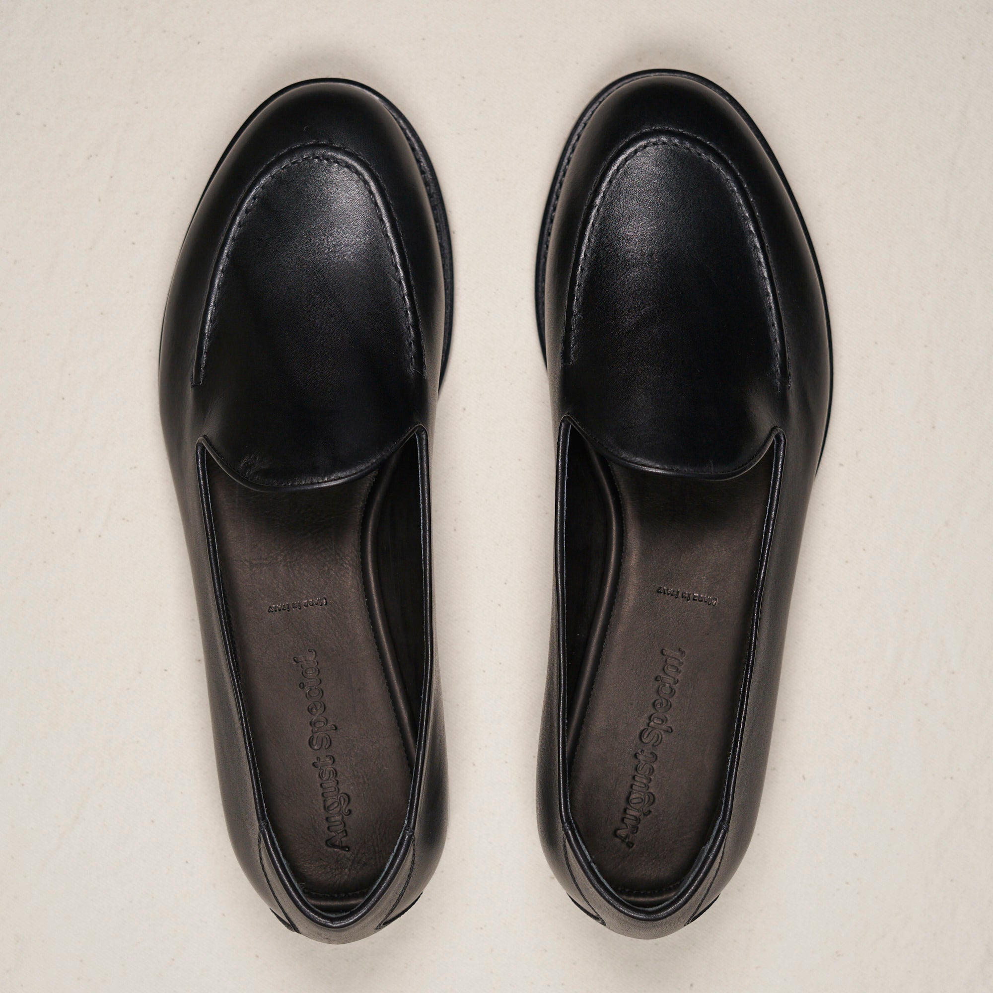 Top-down view of August Special Augie Type-GS black calf Goodyear slip-on — roomy cushioned toe box of the Harry Last.