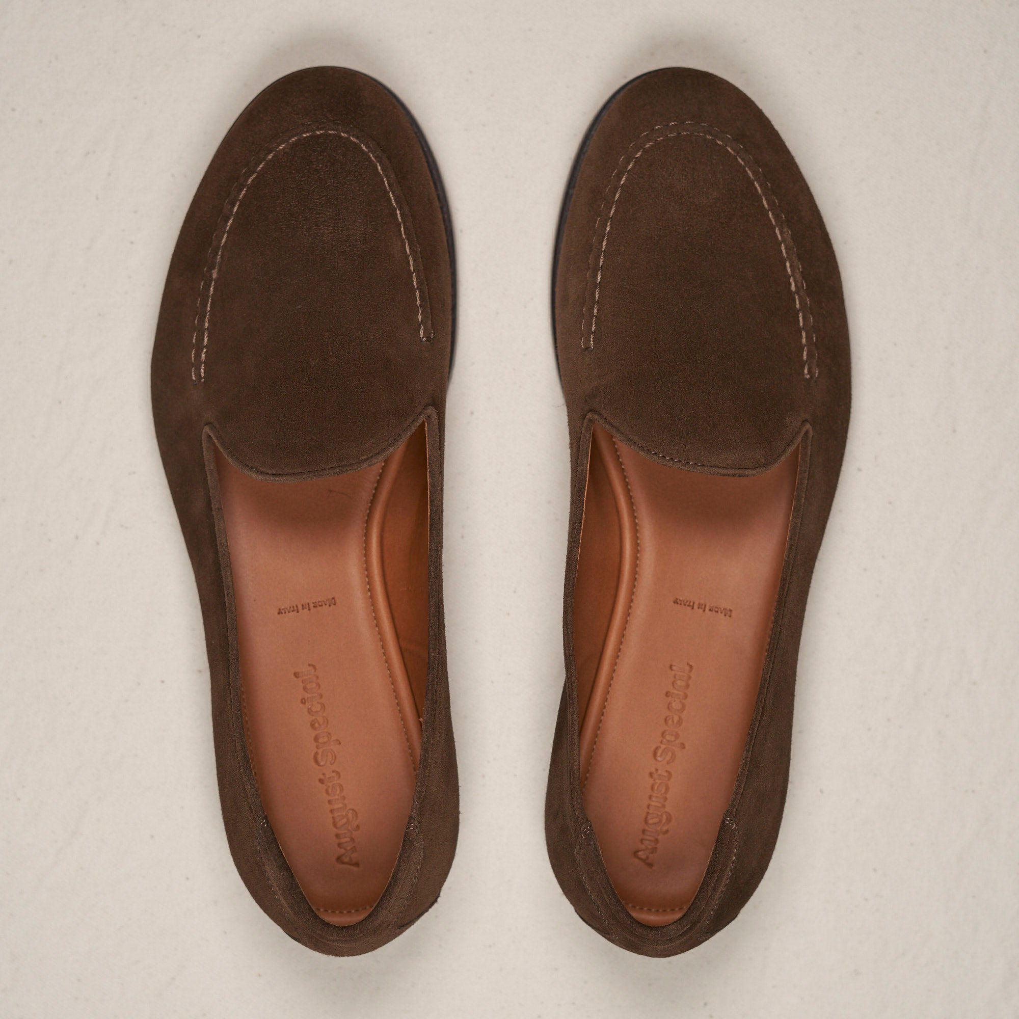 Top-down view of August Special Augie Type-GS chocolate calf suede slip-on — roomy Harry Last toe box, Goodyear construction.
