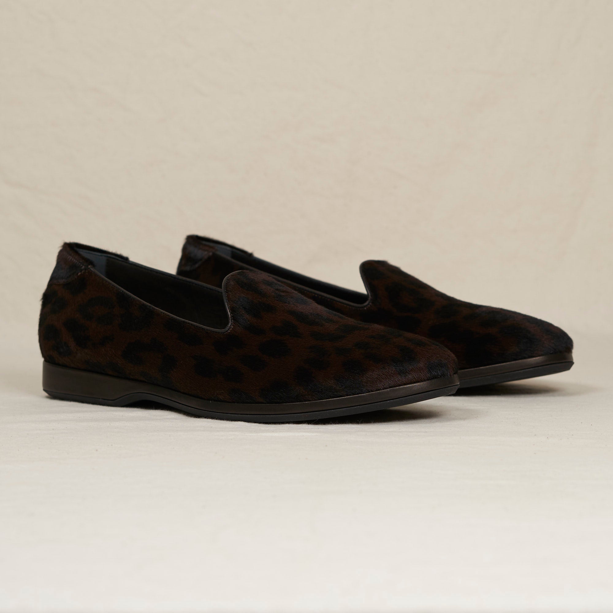Angled view of August Special Augie Type-P black leopard haircalf Blake loafer — natural pattern, classic silhouette.