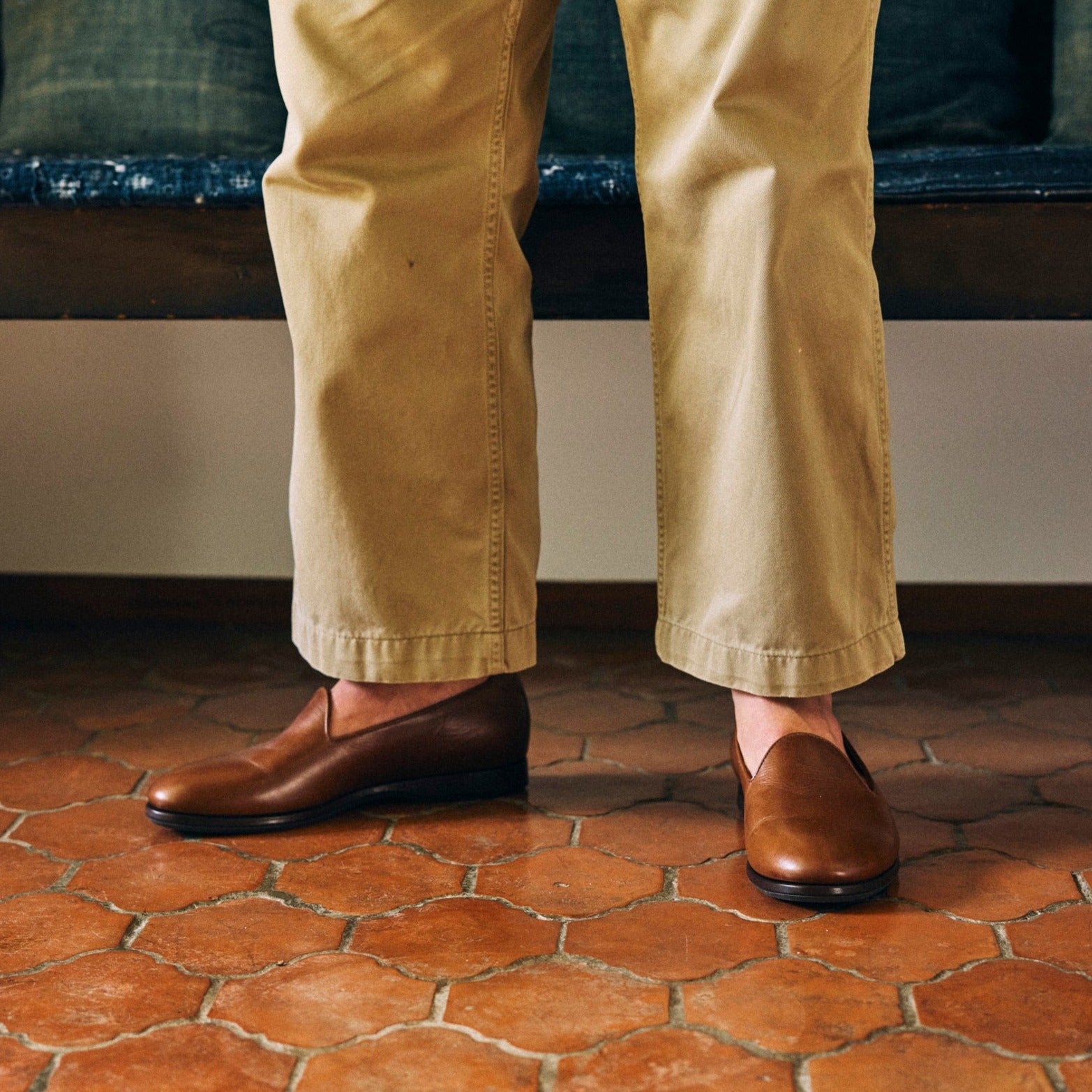 Lifestyle view of August Special Augie Type-P men's cigar veg-tan calf Blake loafer — classic American style, Harry Last.
