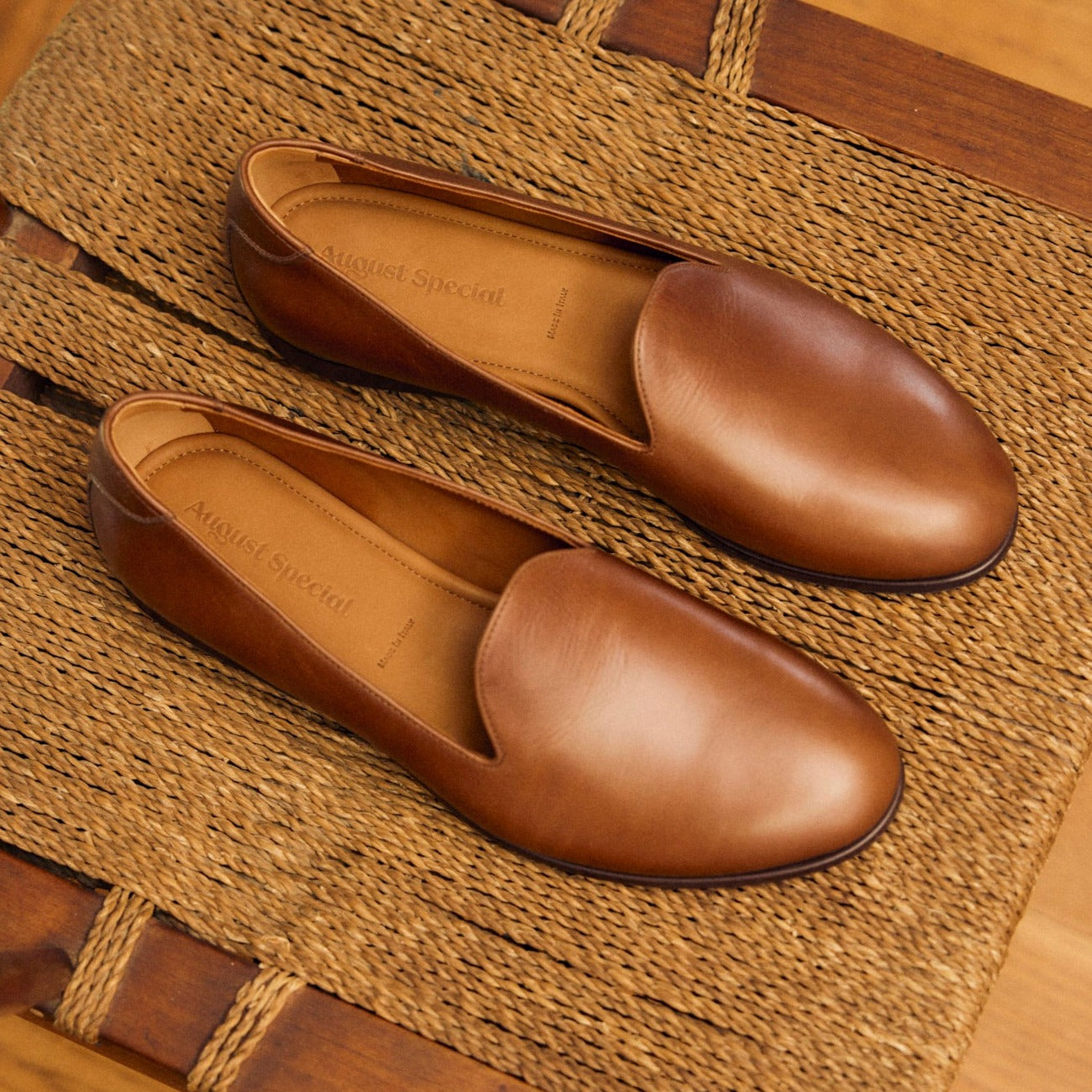 Pair of August Special Augie Type-P cigar veg-tan calf Blake loafers — classic American style, luxurious comfort.