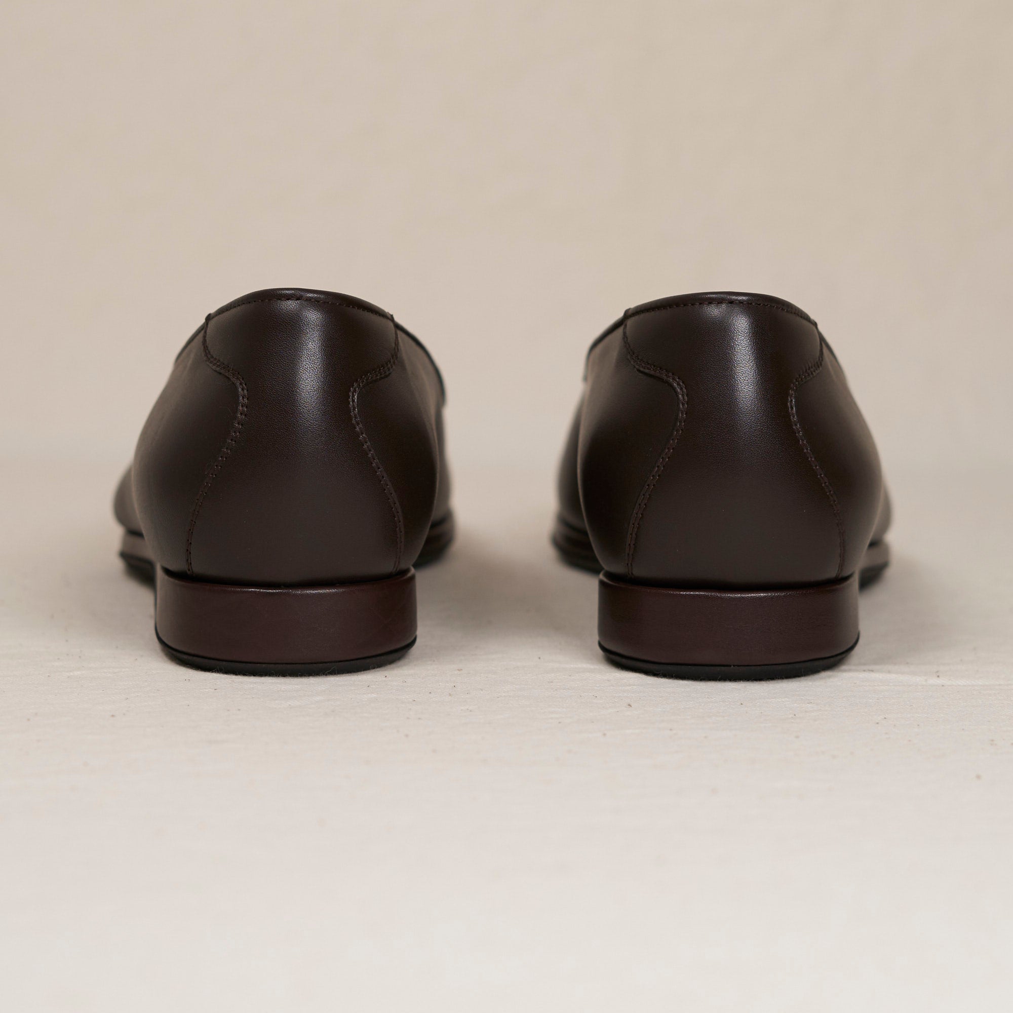 Back heel view of August Special Augie Type-P men's espresso veg-tan calf Blake loafer — cushioned insole, Harry Last.