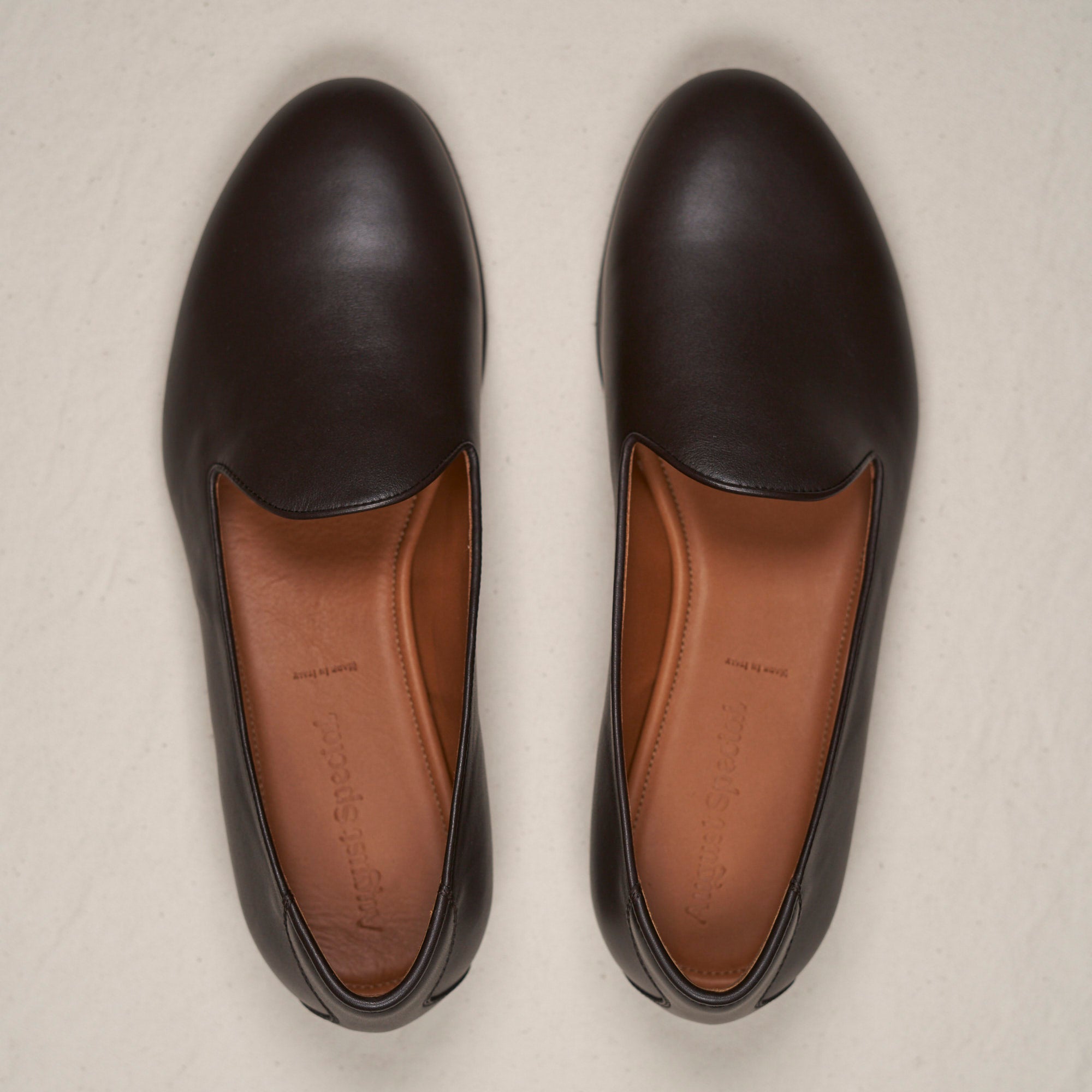 Top-down view of August Special Augie Type-P espresso Maryam calf loafer — roomy toe box of the custom Harry Last.
