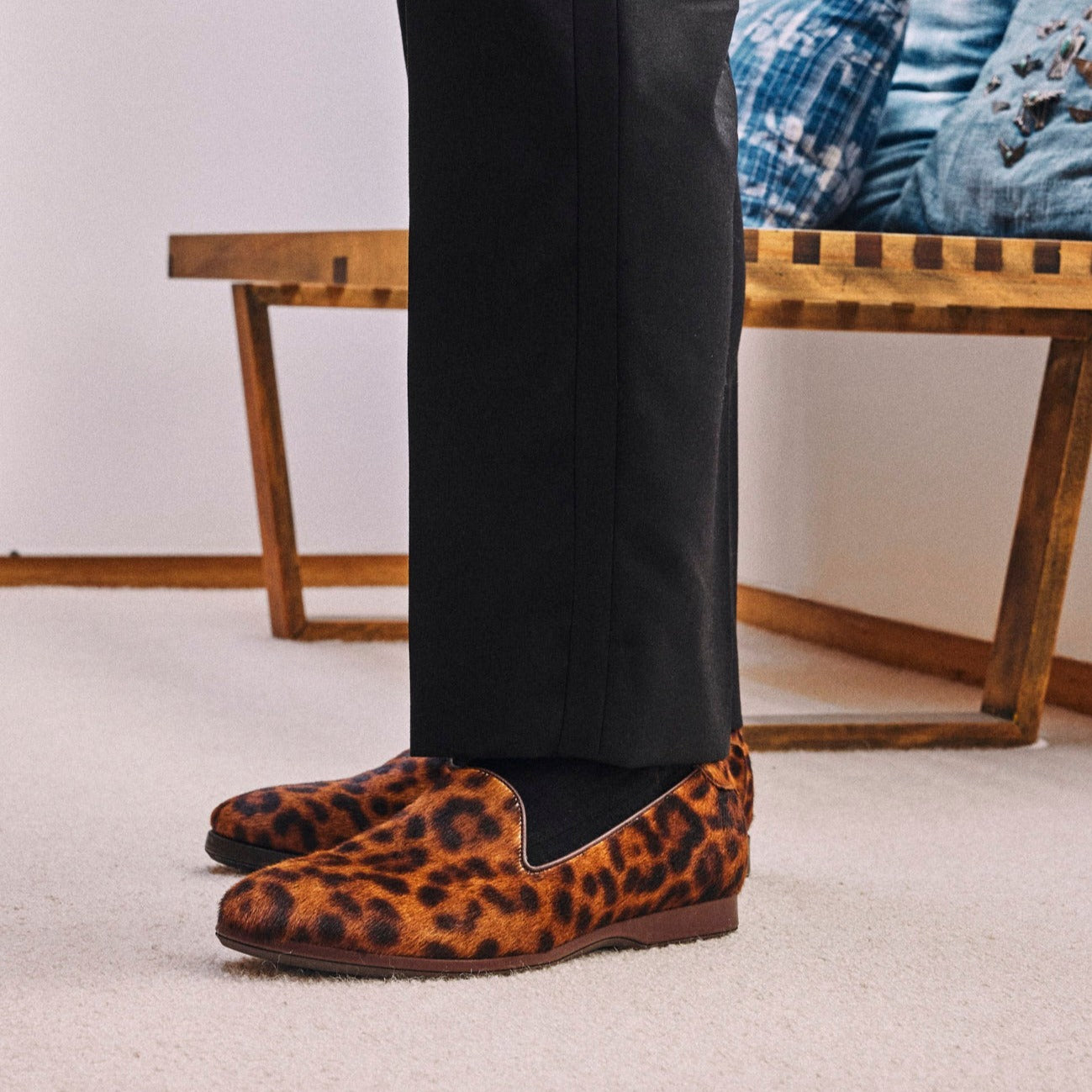 Standing lifestyle view of August Special Augie Type-P men's natural leopard haircalf loafer — Harry Last, Blake stitch.