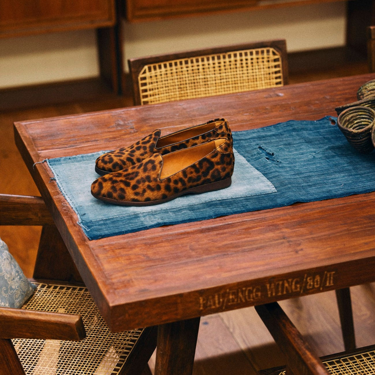 Pair of August Special Augie Type-P natural leopard haircalf Blake loafers — statement texture, classic American style.