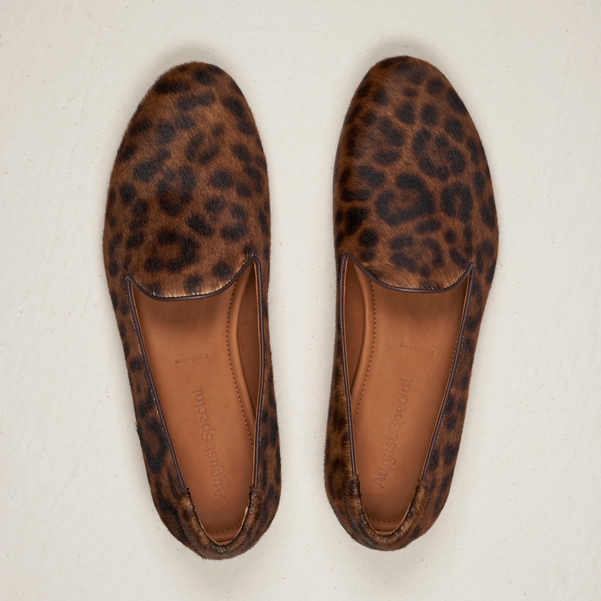 Top-down view of August Special Augie Type-P leopard haircalf loafer — striking natural pattern on the Harry Last toe box.
