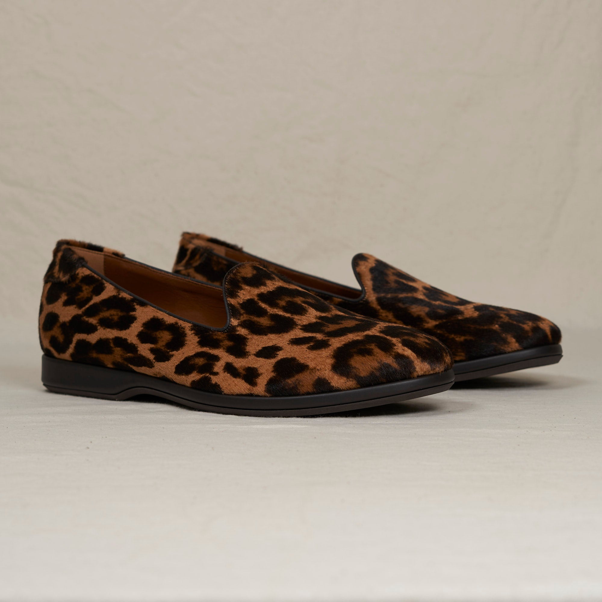 Angled view of August Special Augie Type-P light leopard haircalf Blake loafer — subtle pattern, cushioned Harry Last.