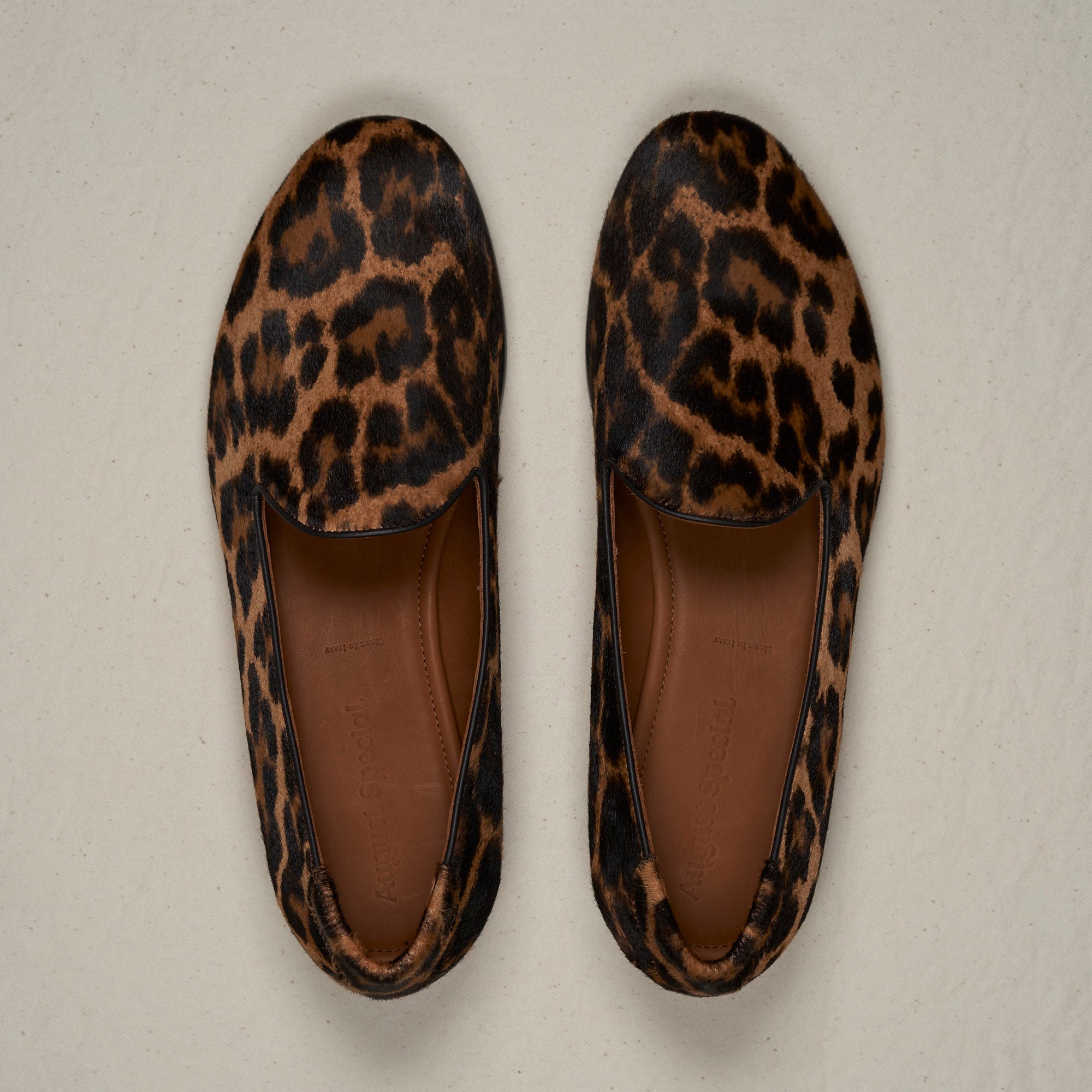 Top-down view of August Special Augie Type-P light leopard haircalf loafer — tonal pattern on the roomy Harry Last.