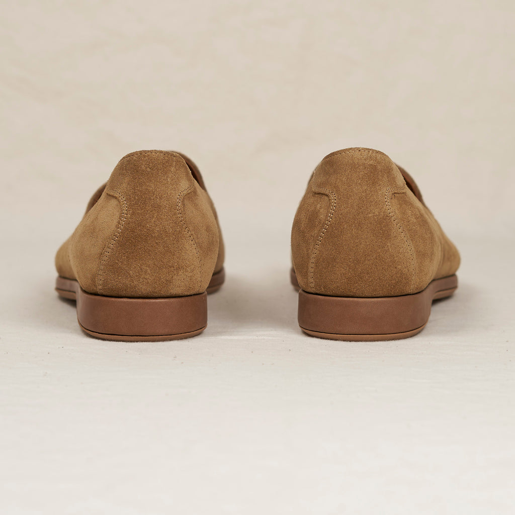 Back heel view of August Special Augie Type-P men's sand calf suede Blake loafer — cushioned insole, clean counter.