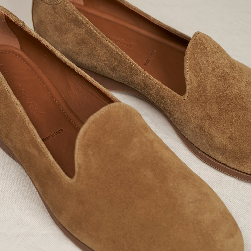 Close detail of sand calf suede nap and Blake stitch on the August Special Augie Type-P men's loafer.
