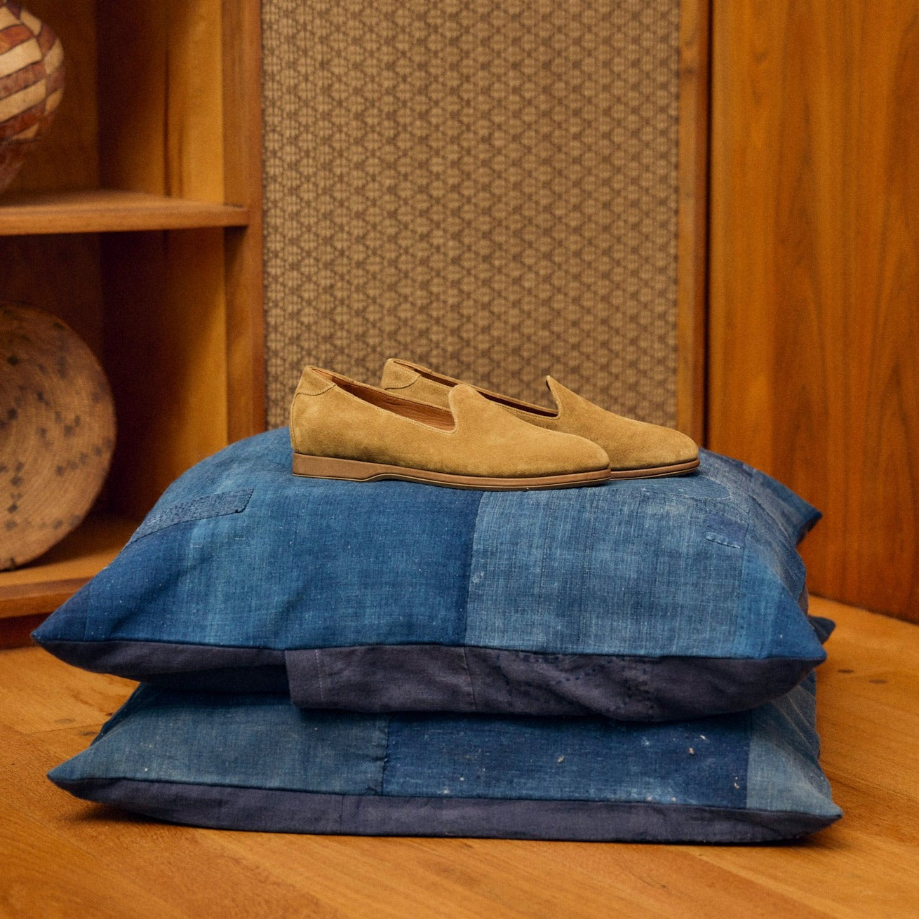 Lifestyle view of August Special Augie Type-P men's sand suede Blake slip-on— classic American style, Harry Last.