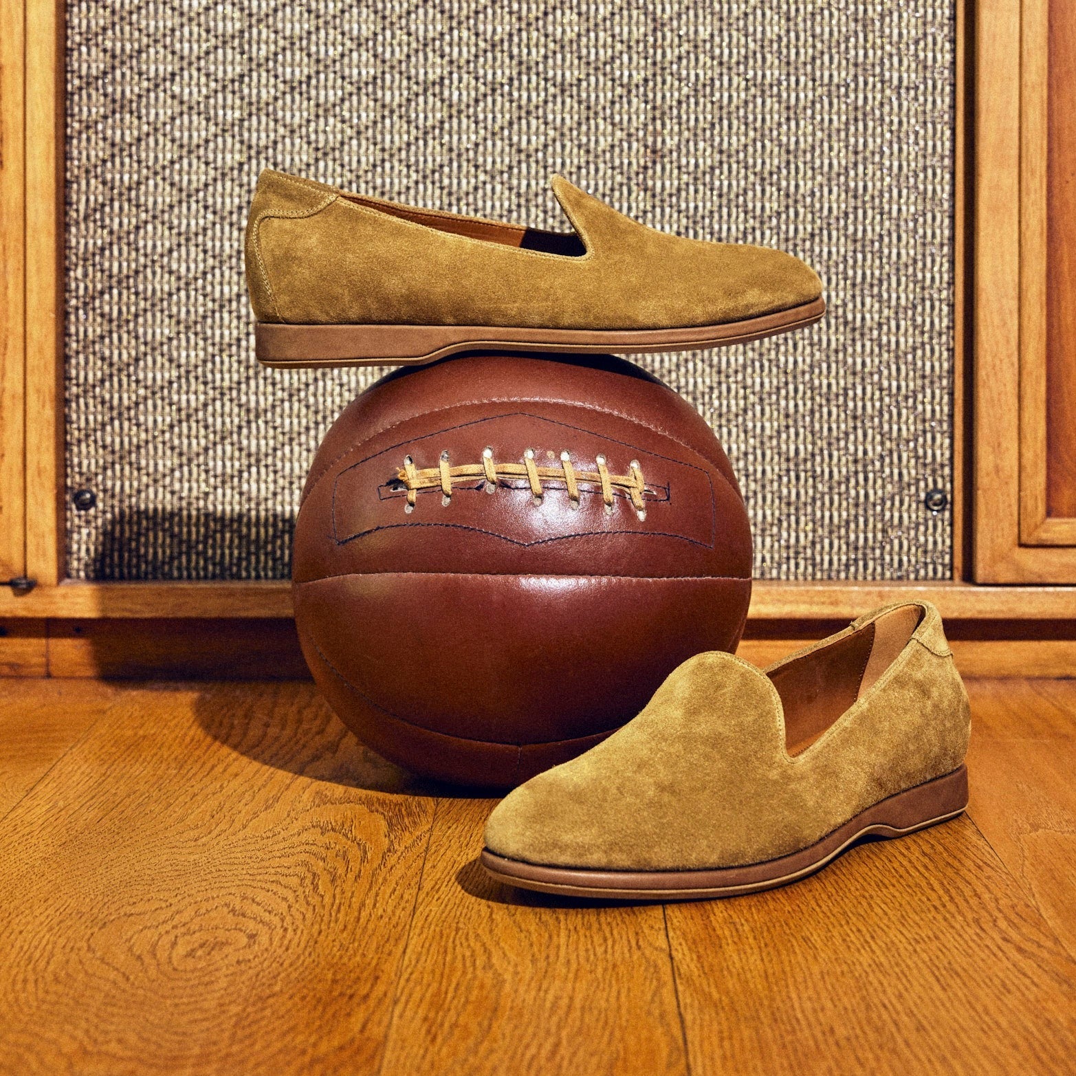 Lifestyle view of August Special Augie Type-P men's sand suede Blake loafer — classic American style, Harry Last.