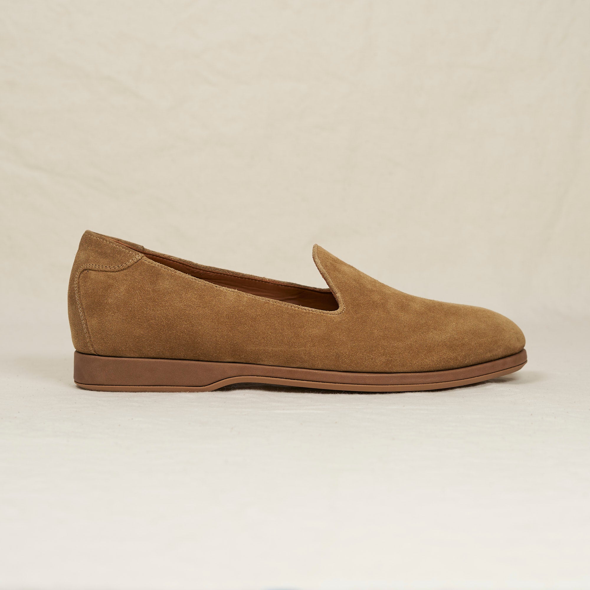August Special Augie Type-P men's Blake loafer in sand calf suede — warm neutral, classic American style, luxurious comfort.