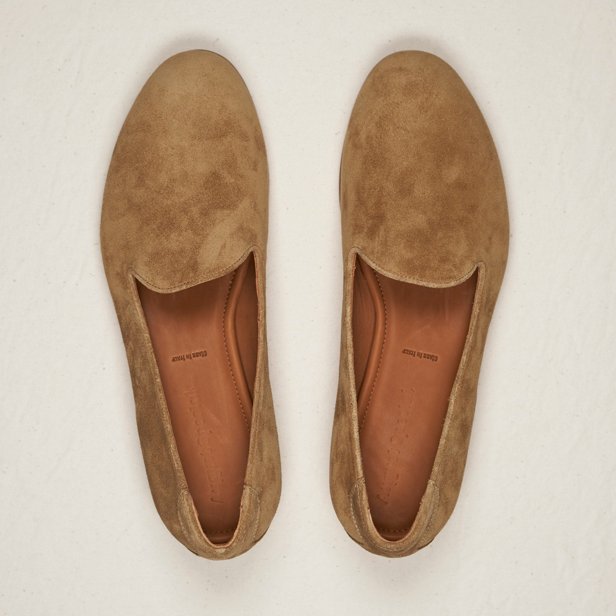 Top-down view of August Special Augie Type-P sand suede loafer — soft nap, roomy toe box of the custom Harry Last.