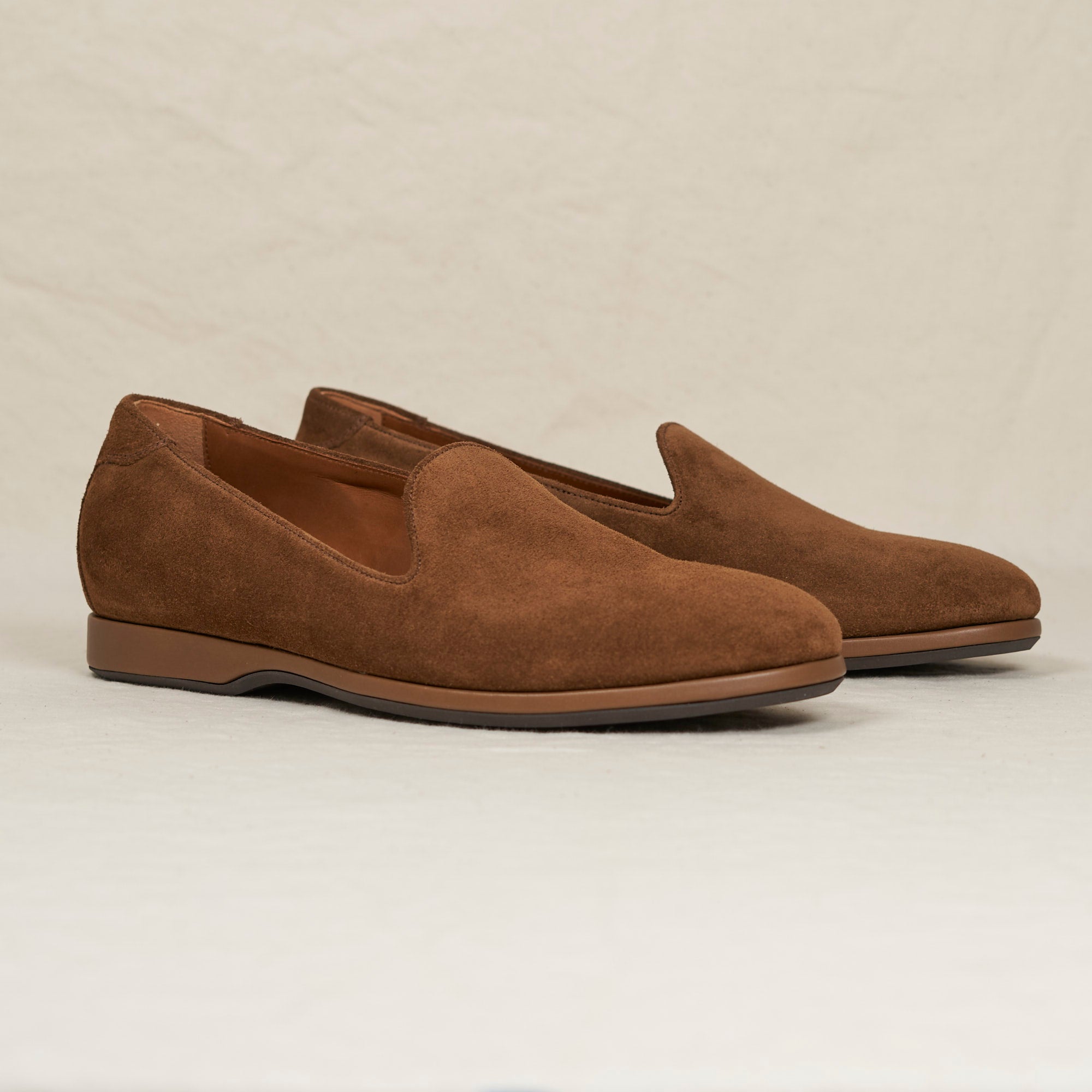 Angled view of August Special Augie Type-P tobacco calf suede Blake loafer — cushioned midsole, classic Harry Last.