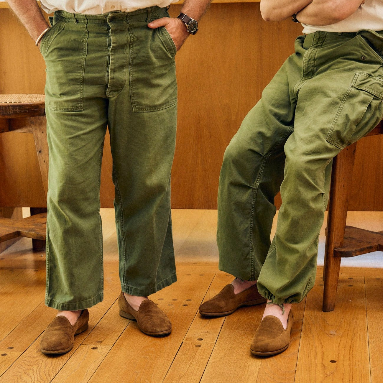 Lifestyle view of August Special Augie Type-P men's tobacco suede Blake slip-on— classic American style, Harry Last.