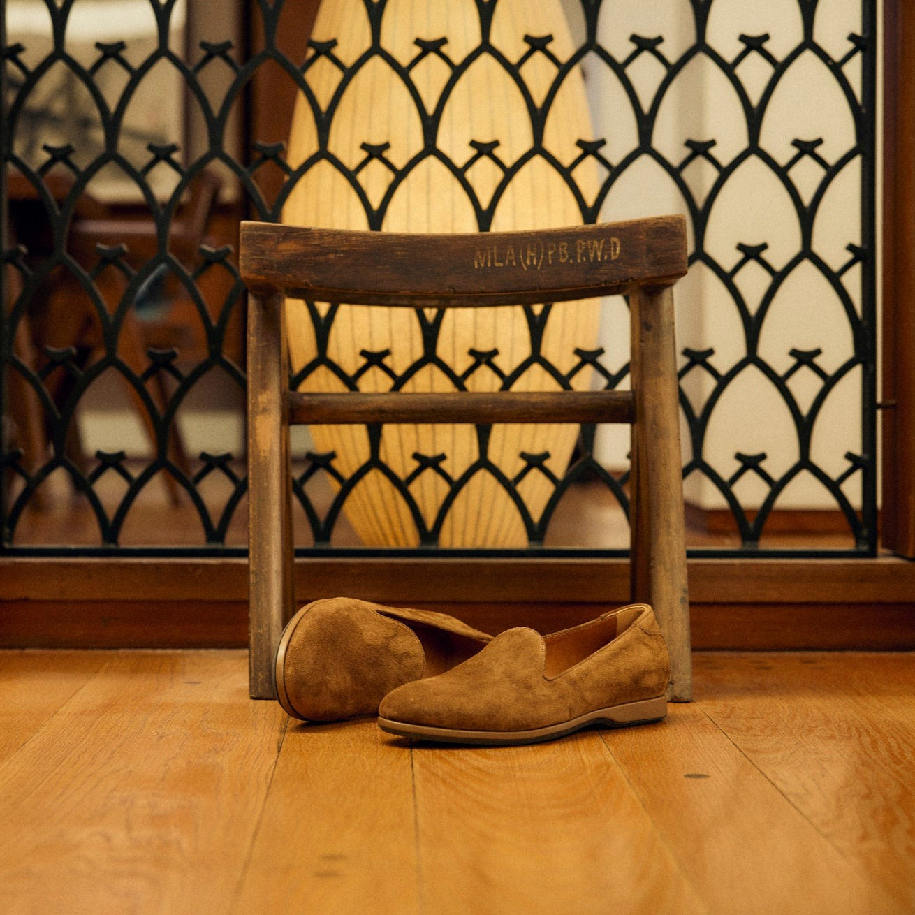 Pair of August Special Augie Type-P men's tobacco calf suede Blake loafers — classic American style, luxurious comfort.