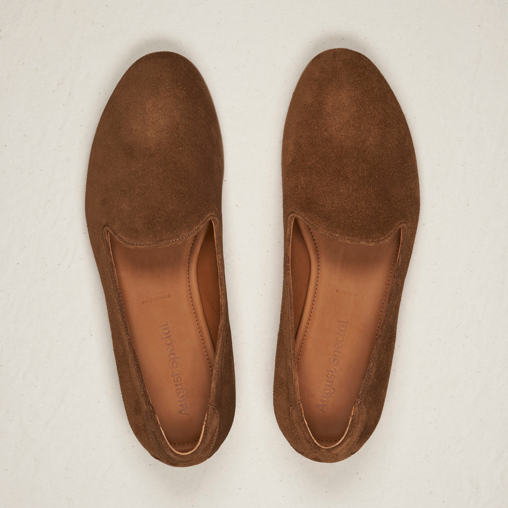 Top-down view of August Special Augie Type-P tobacco calf suede loafer — velvety nap, roomy toe box of the custom Harry Last.