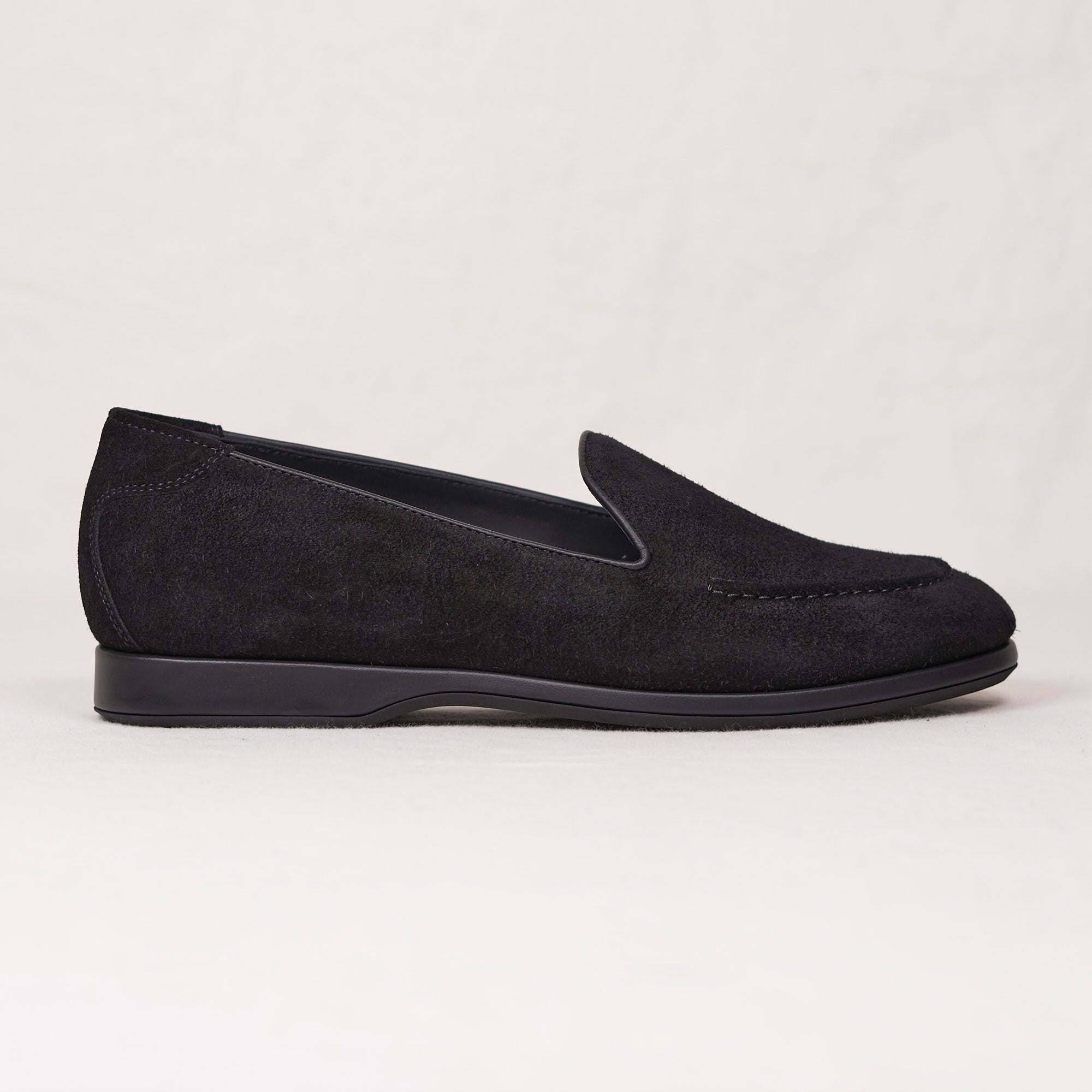 August Special Augie Type-S men's Blake loafer in black calf suede — hand-sewn vamp stitch, classic American style.
