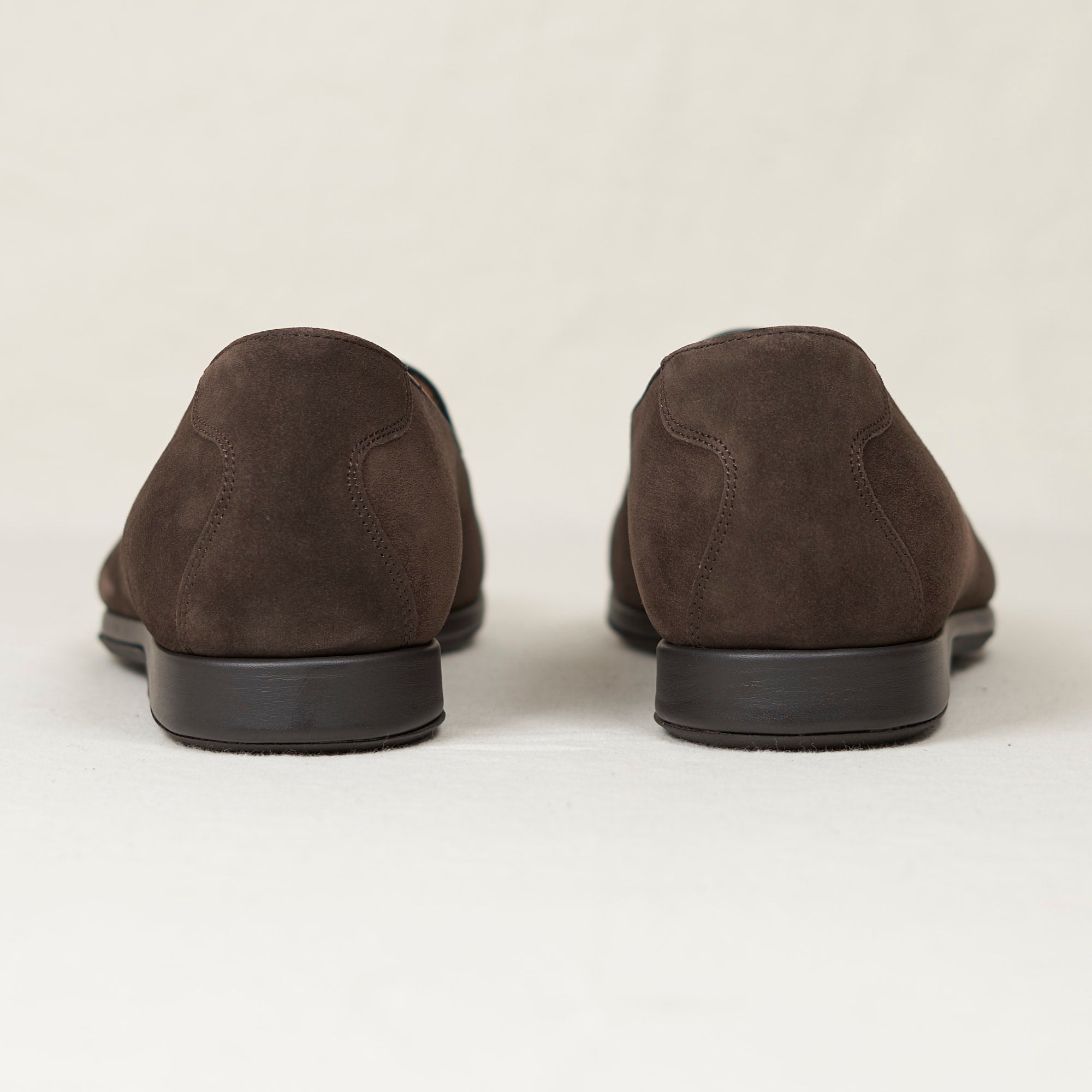 Back heel view of August Special Augie Type-S men's earth suede veg-tan calf Blake loafer — cushioned insole, Harry Last fit.