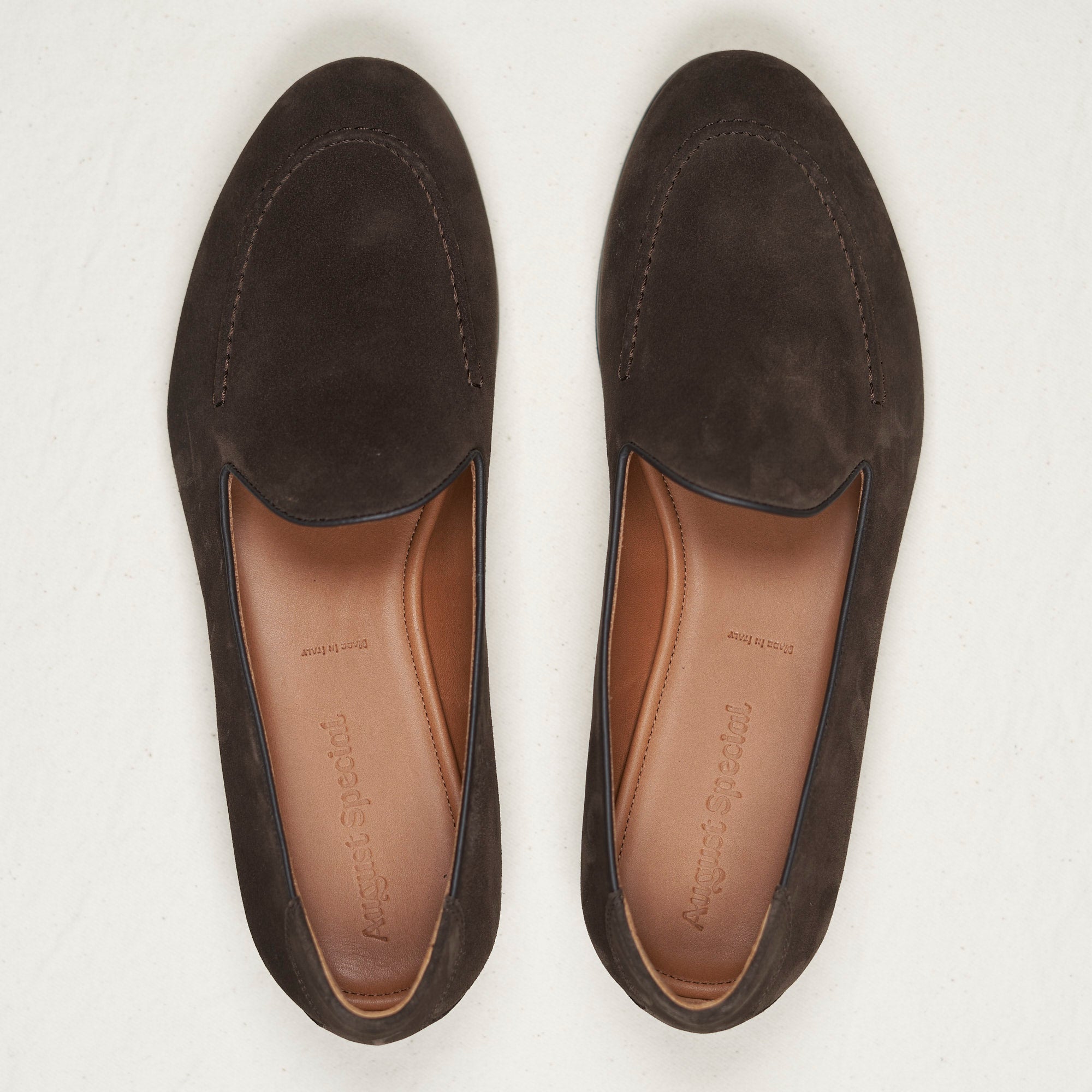 Top-down view of August Special Augie Type-S earth calf suede loafer — hand-sewn vamp stitch, roomy Harry Last toe box.