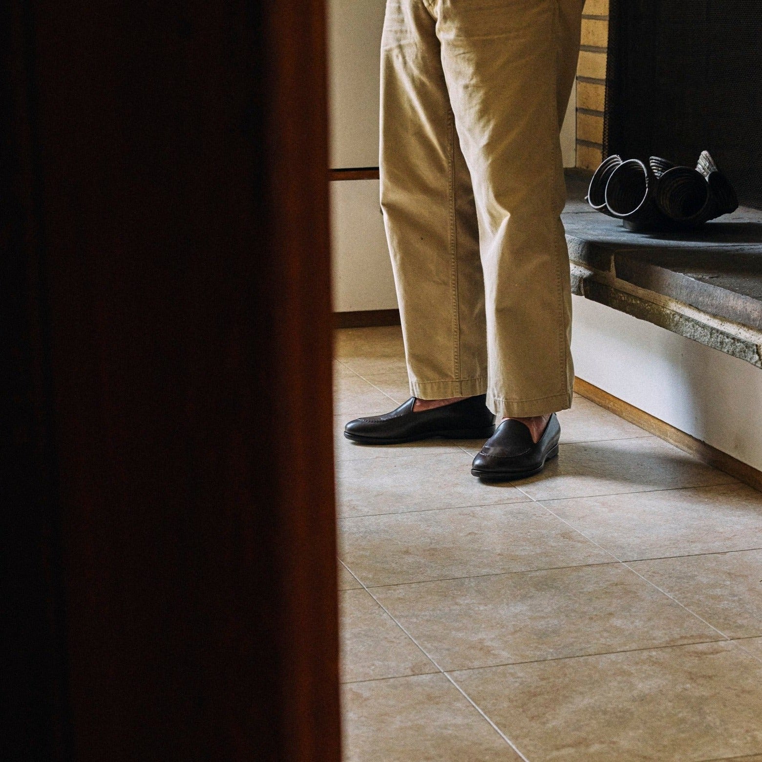 Lifestyle view of August Special Augie Type-S men's espresso Maryam calf Blake loafer — classic American style.