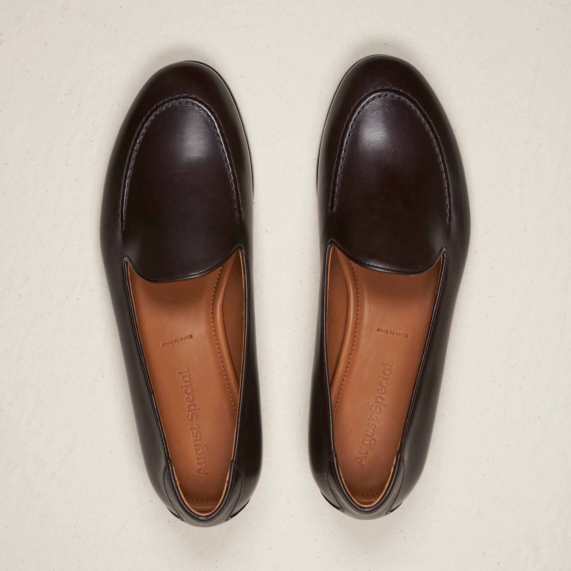 Top-down view of August Special Augie Type-S espresso veg-tan calf loafer — hand-sewn vamp stitch, roomy Harry Last toe box.