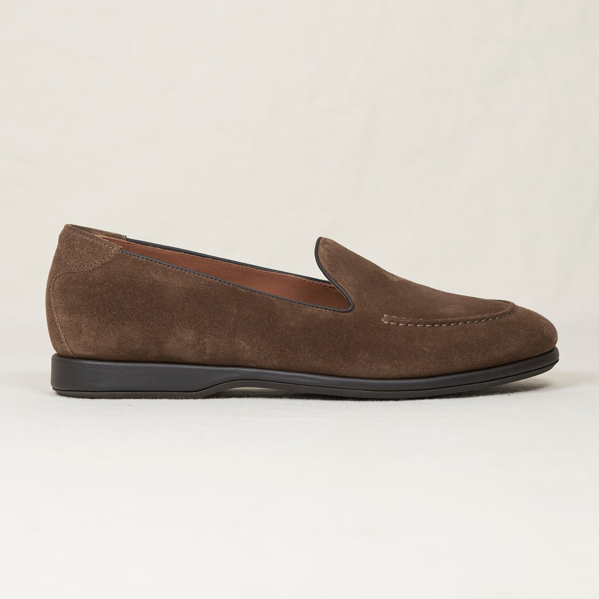 August Special Augie Type-S men's Blake loafer in walnut calf suede — hand-sewn vamp stitch, classic American style.