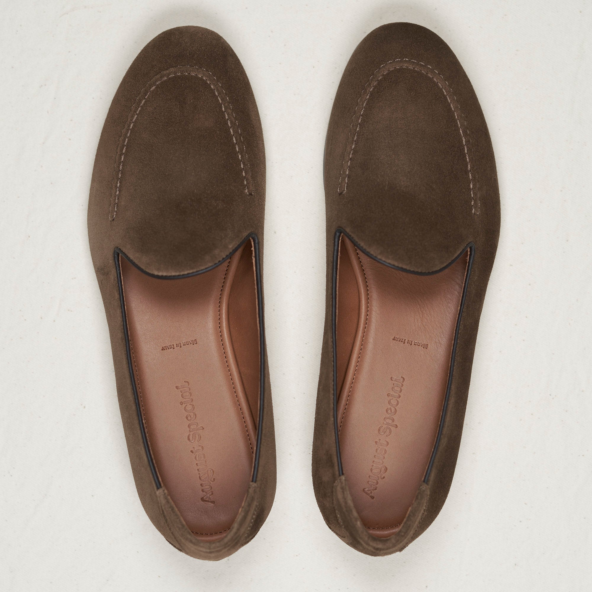 Top-down view of August Special Augie Type-S walnut calf suede loafer — hand-sewn vamp stitch, roomy Harry Last toe box.
