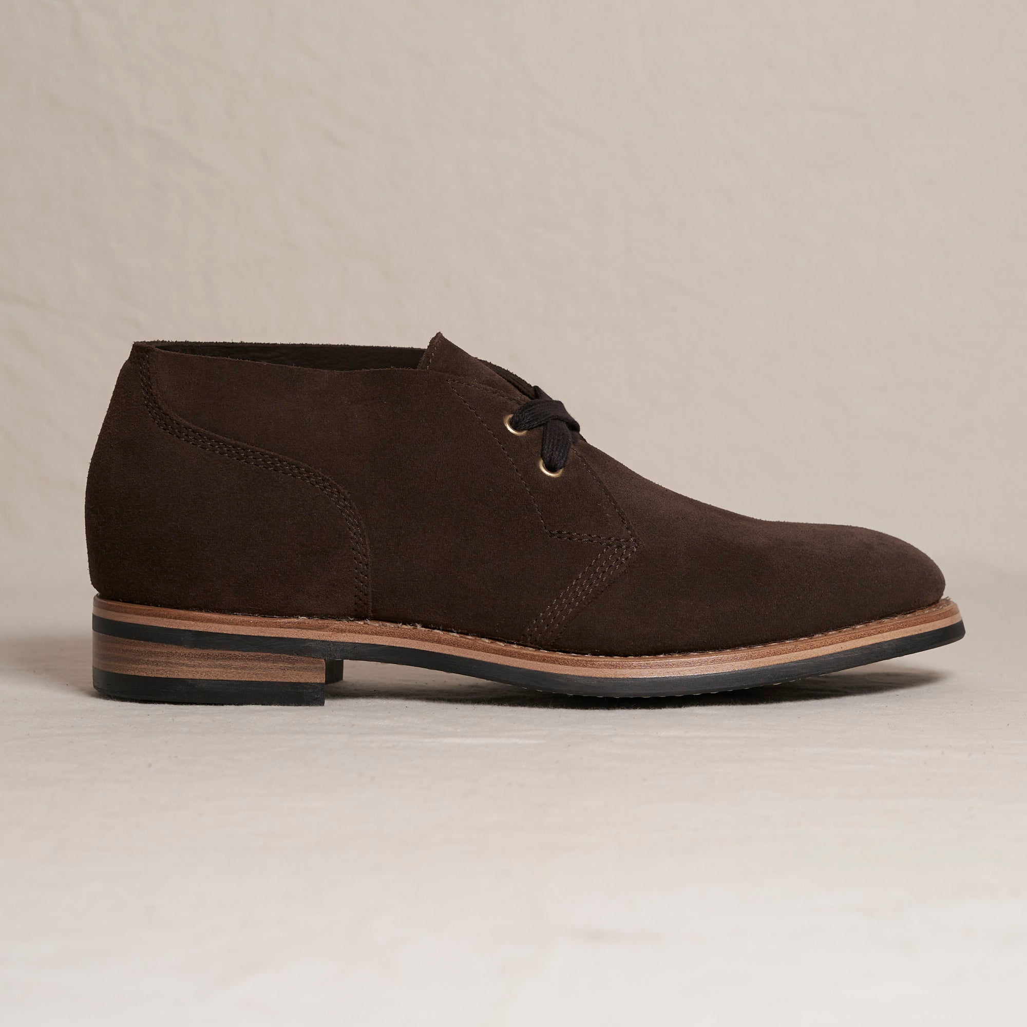 August Special Aviator men's Goodyear chukka boot in chocolate Maryam veg-tan suede — classic American style, luxurious.