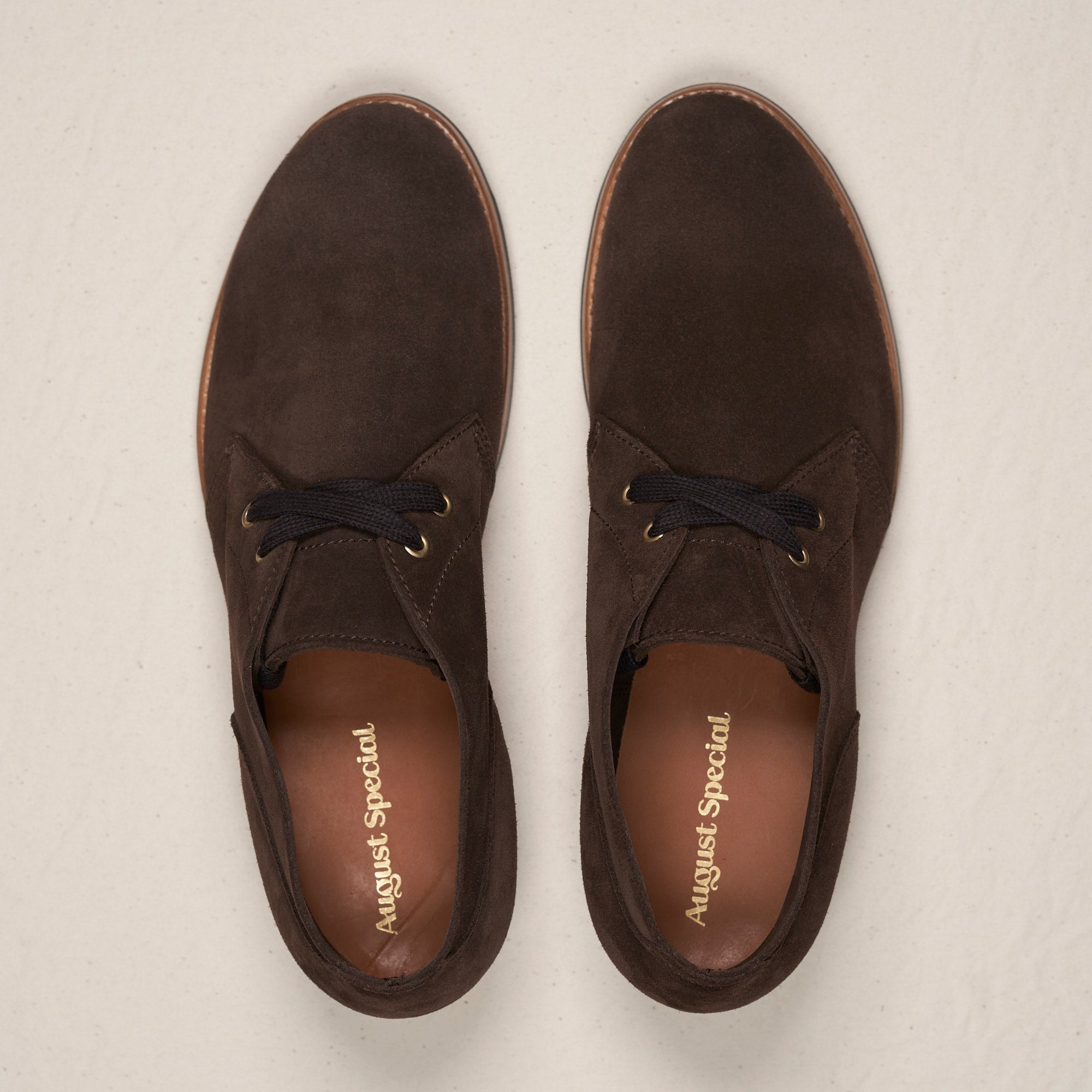 Top-down view of August Special Aviator men's chocolate veg-tan suede chukka — Goodyear welt, cushioned footbed.