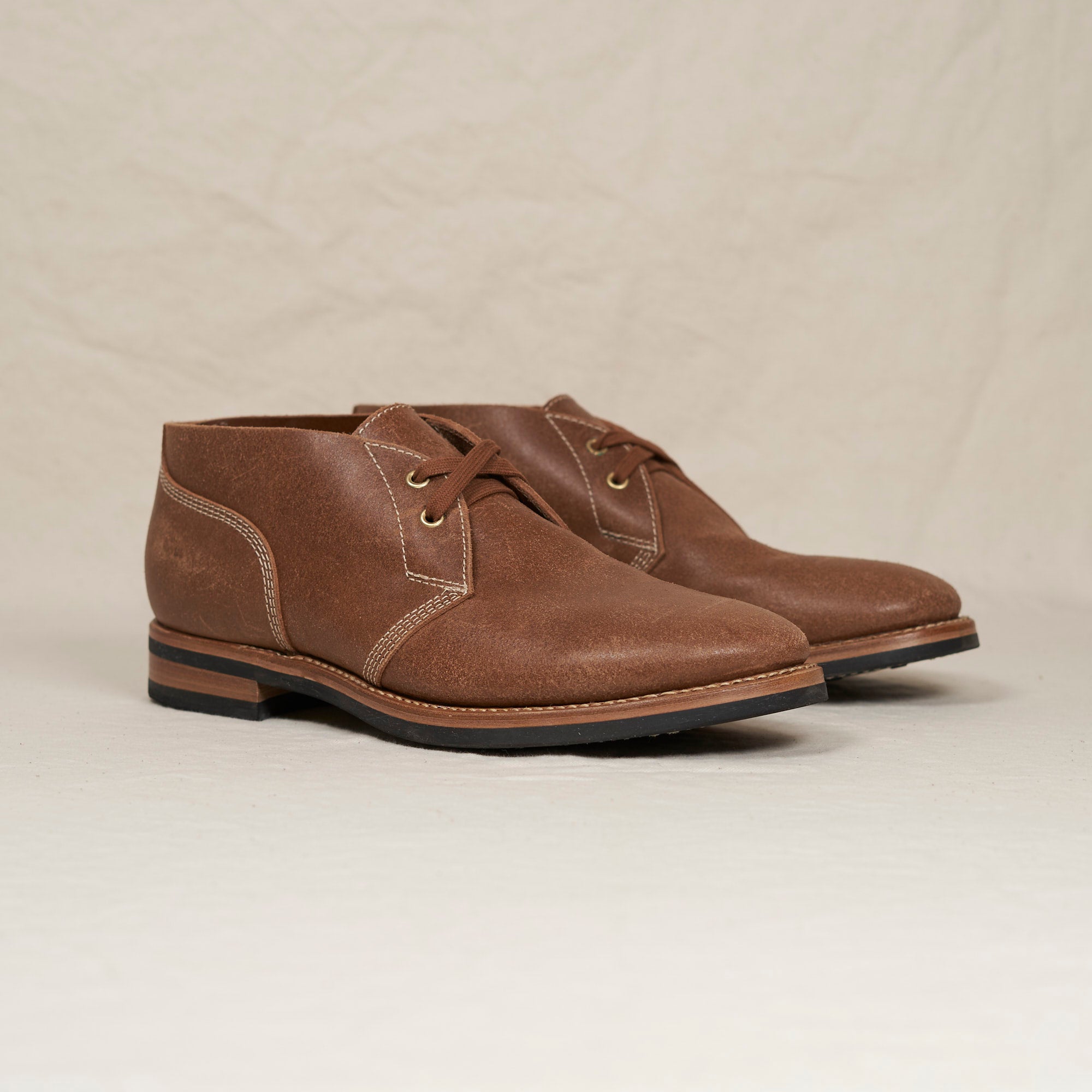 Angled view of August Special Aviator roughout suede Goodyear chukka — rugged profile, Vibram outsole.