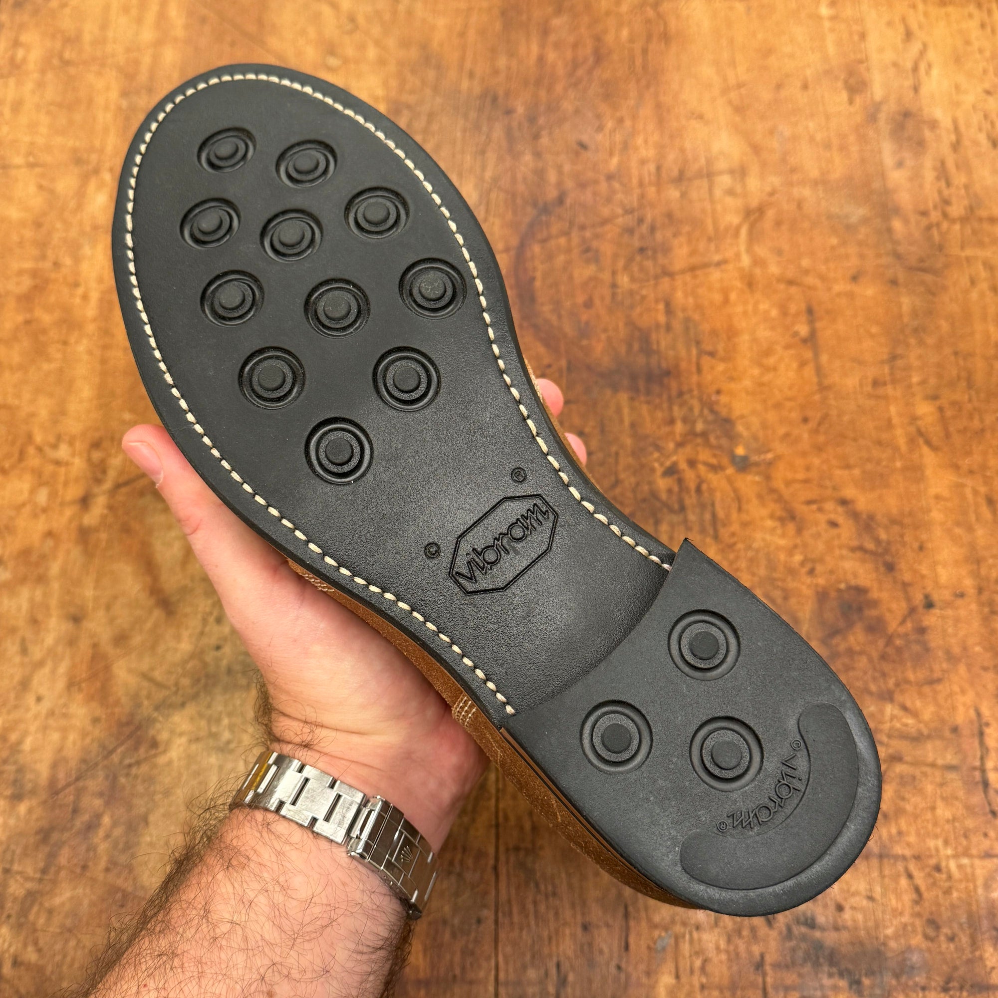 Sole view of August Special Aviator roughout suede chukka — Goodyear welt and Vibram rubber outsole.